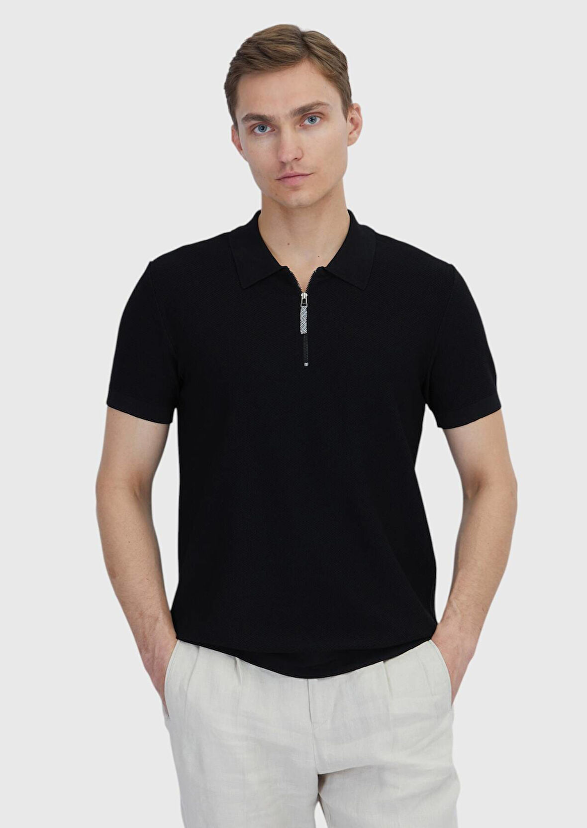 Siyah Polo Yaka Jakarlı Triko