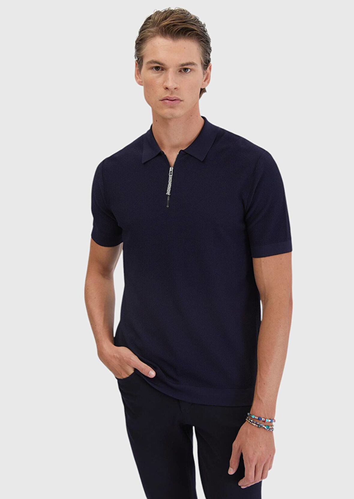 Lacivert Polo Yaka Jakarlı Triko