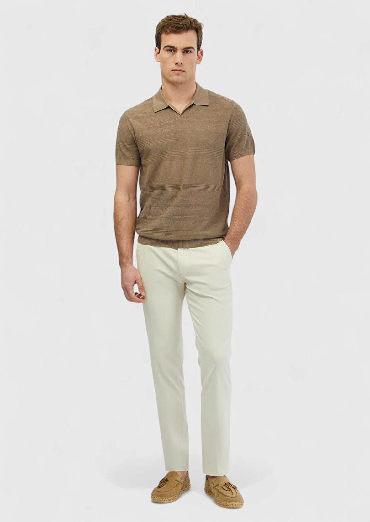 Vizon Polo Yaka Jakarlı Keten Karışımlı Triko