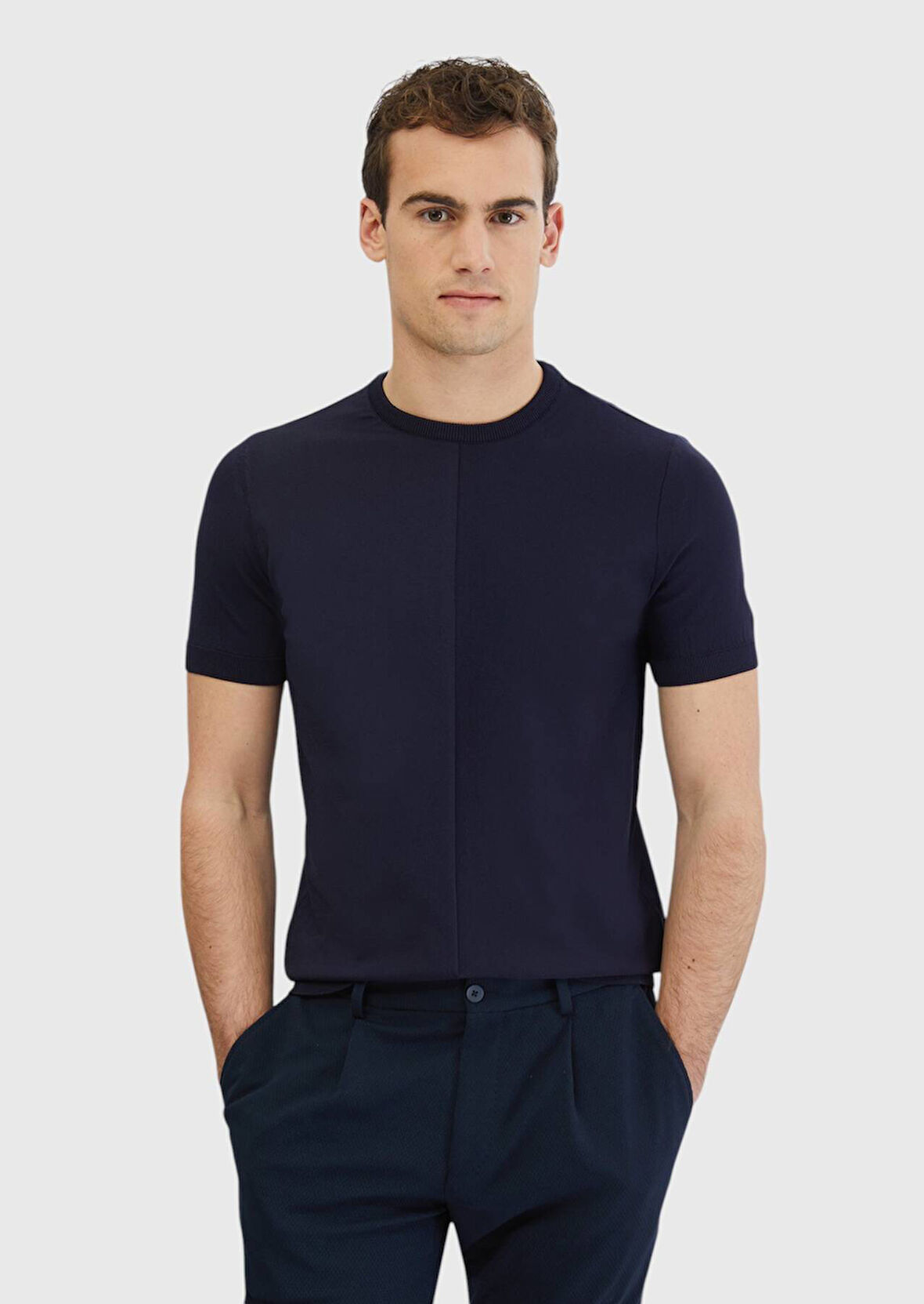 Lacivert Bisiklet Yaka Jakarlı Triko