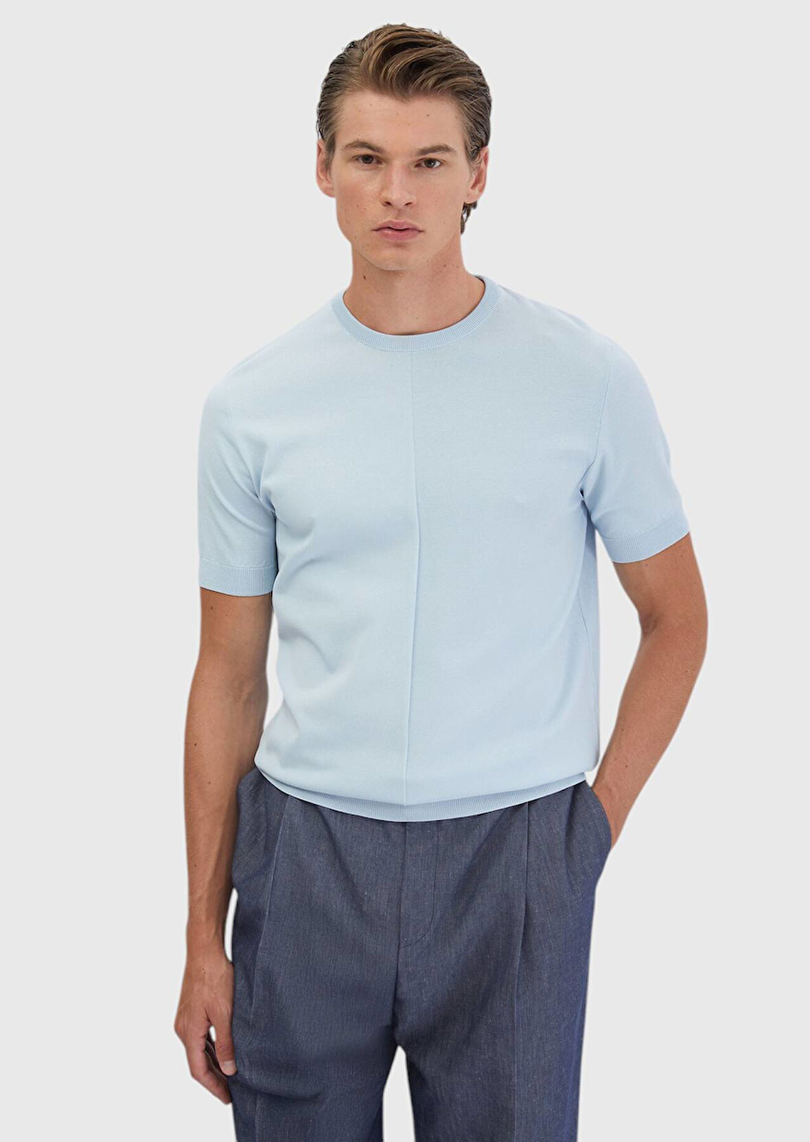 Açık Mavi Bisiklet Yaka Jakarlı Triko