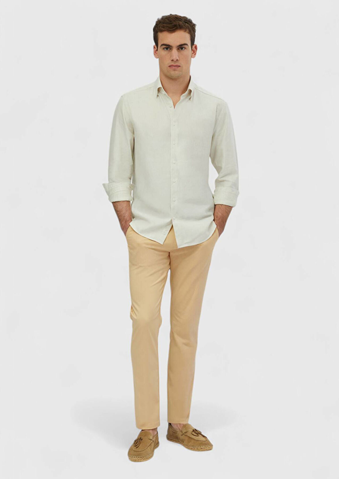 Ekru Çizgili Casual Fit Dokuma Casual Pamuk Karışımlı Gömlek