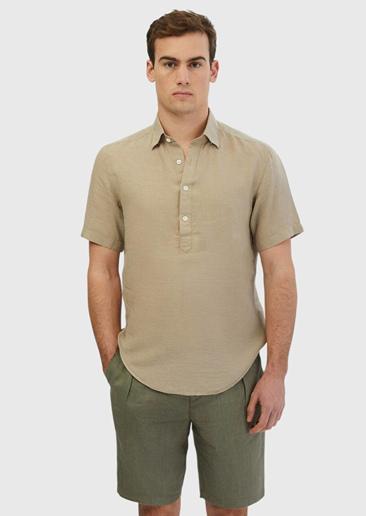 Vizon Düz Casual Fit Dokuma Casual %100 Keten Gömlek