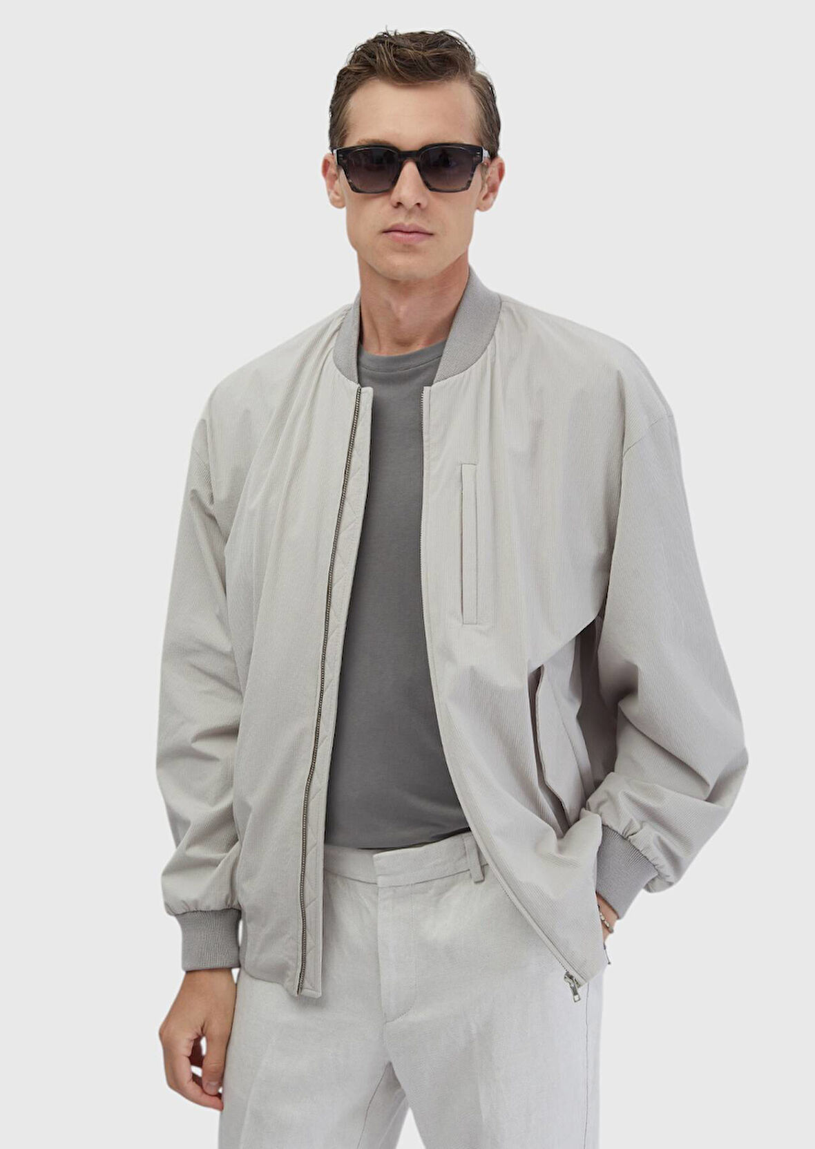 Açık Gri Regular Fit Dik Yaka Casual Dokuma Mont