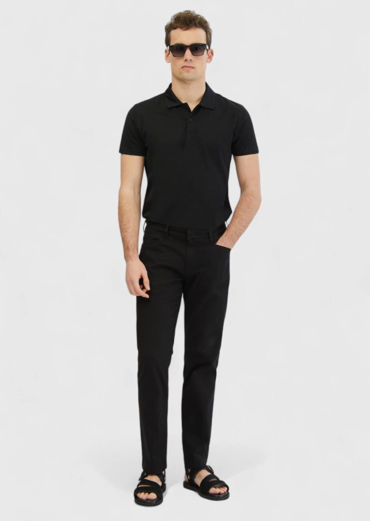 Siyah Düz Dokuma Regular Fit Casual Pamuk Karışımlı Pantolon