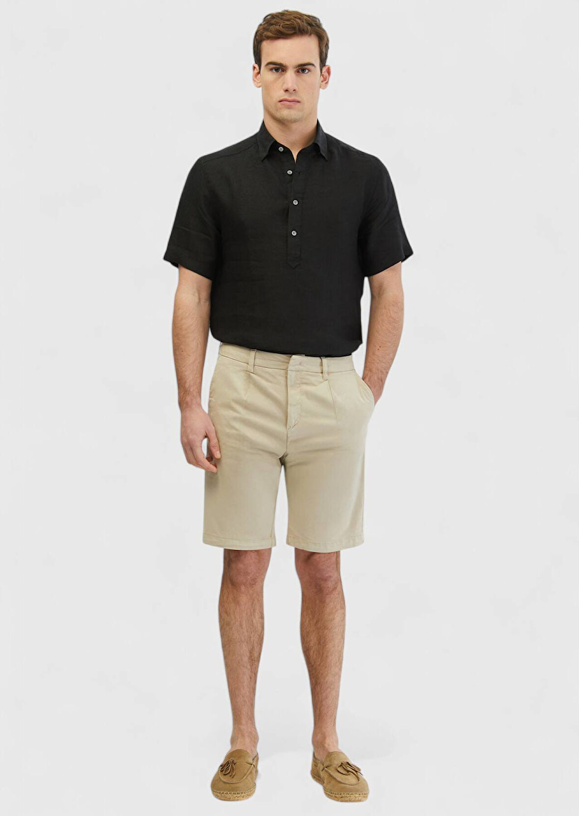 Bej Düz Dokuma Regular Fit Casual Pamuk Karışımlı Bermuda