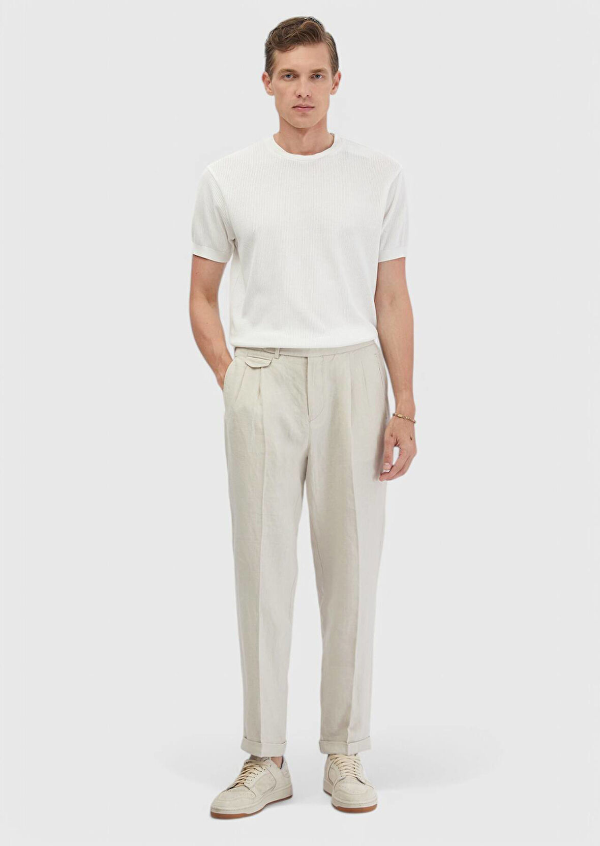 Kum Çizgili Dokuma Carrot Fit Casual %100 Keten Pantolon