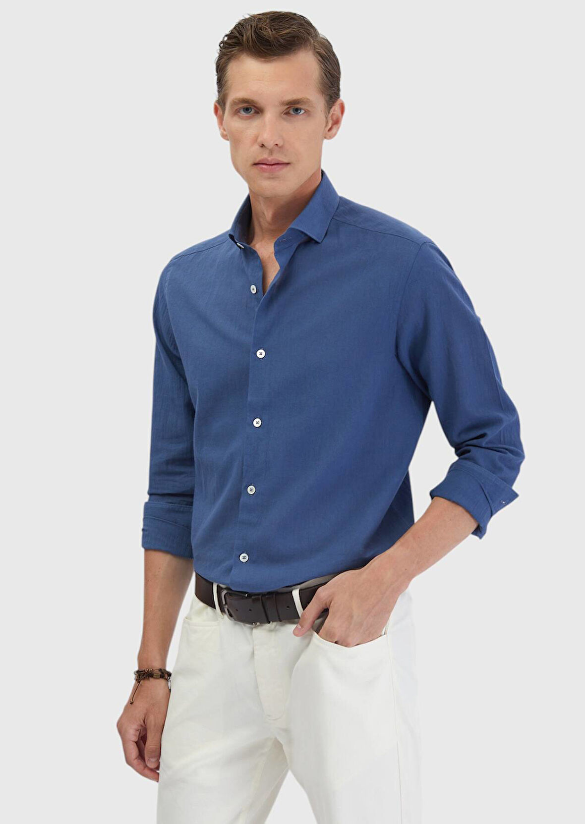 İndigo Düz Casual Fit Dokuma Casual %100 Pamuk Gömlek