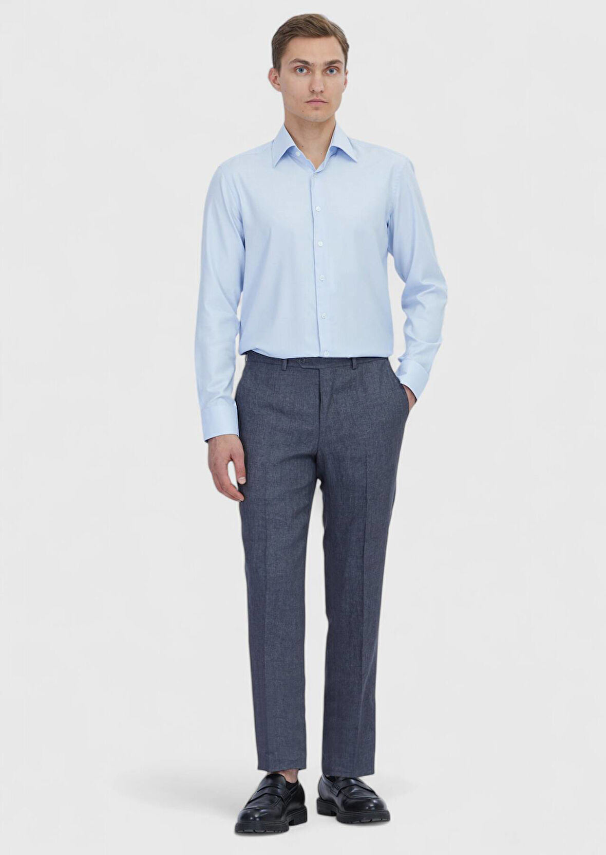 Açık Mavi Düz Regular Fit Dokuma Klasik %100 Pamuk Gömlek