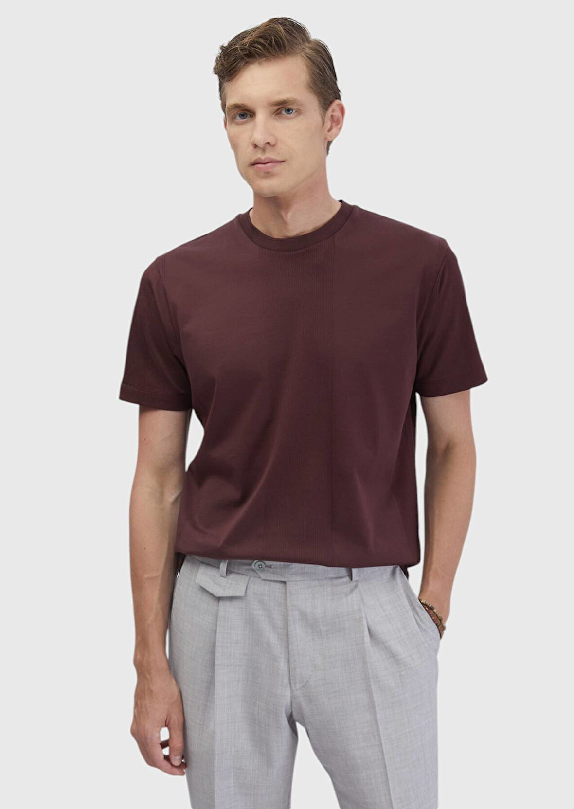 Kiremit Jakarlı Bisiklet Yaka %100 Pamuk T-Shirt