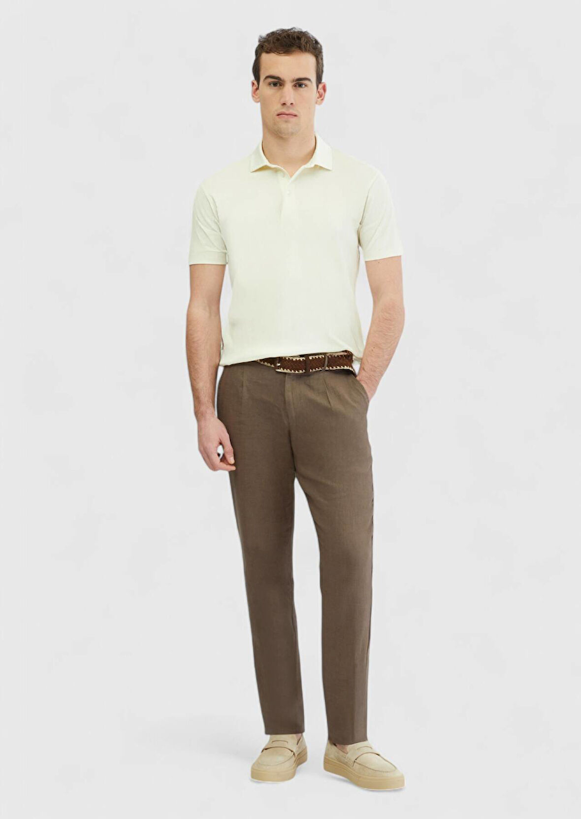 Ekru Düz Polo Yaka %100 Pamuk T-Shirt