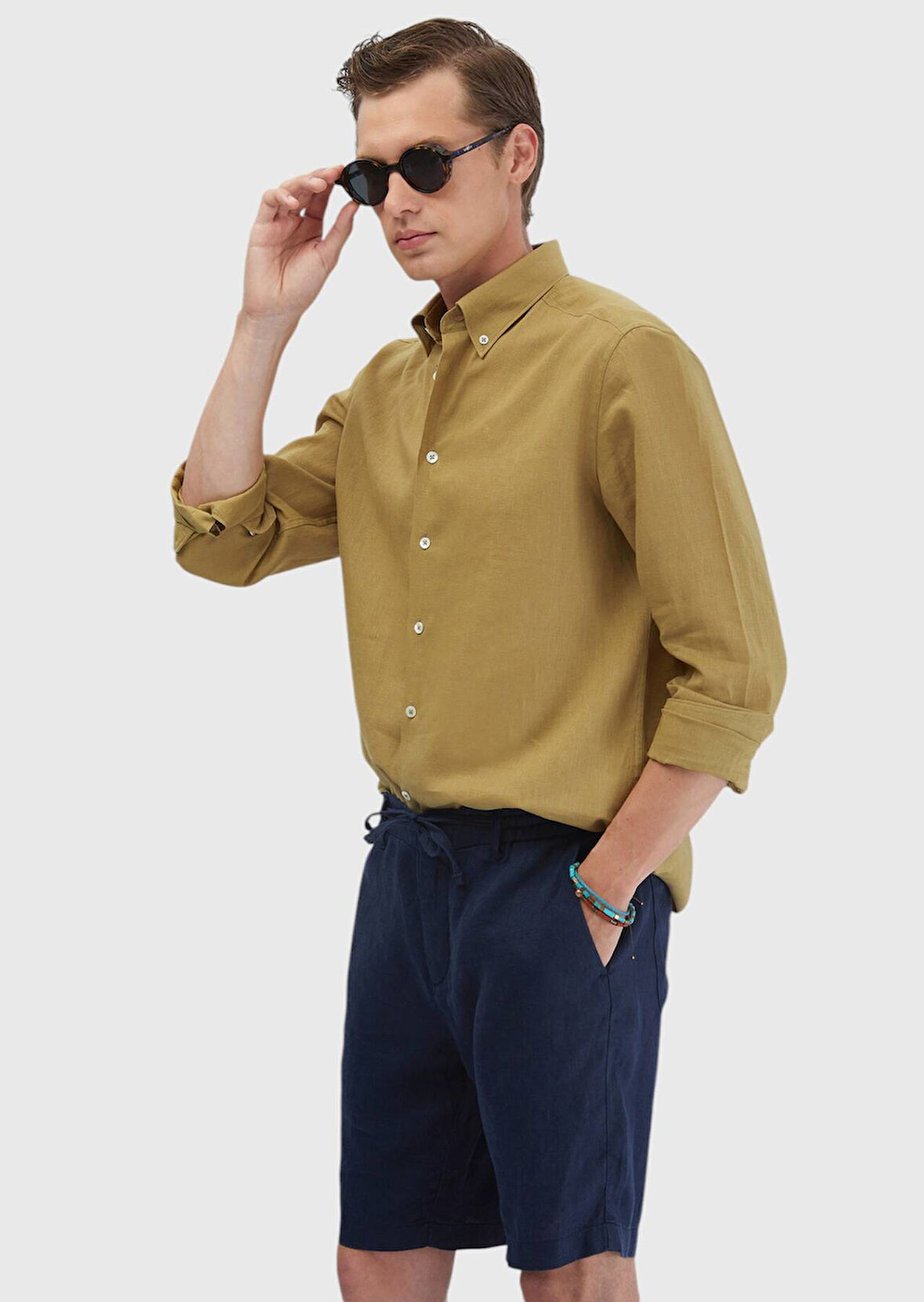 Yağ Yeşili Düz Casual Fit Dokuma Casual Pamuk Karışımlı Gömlek