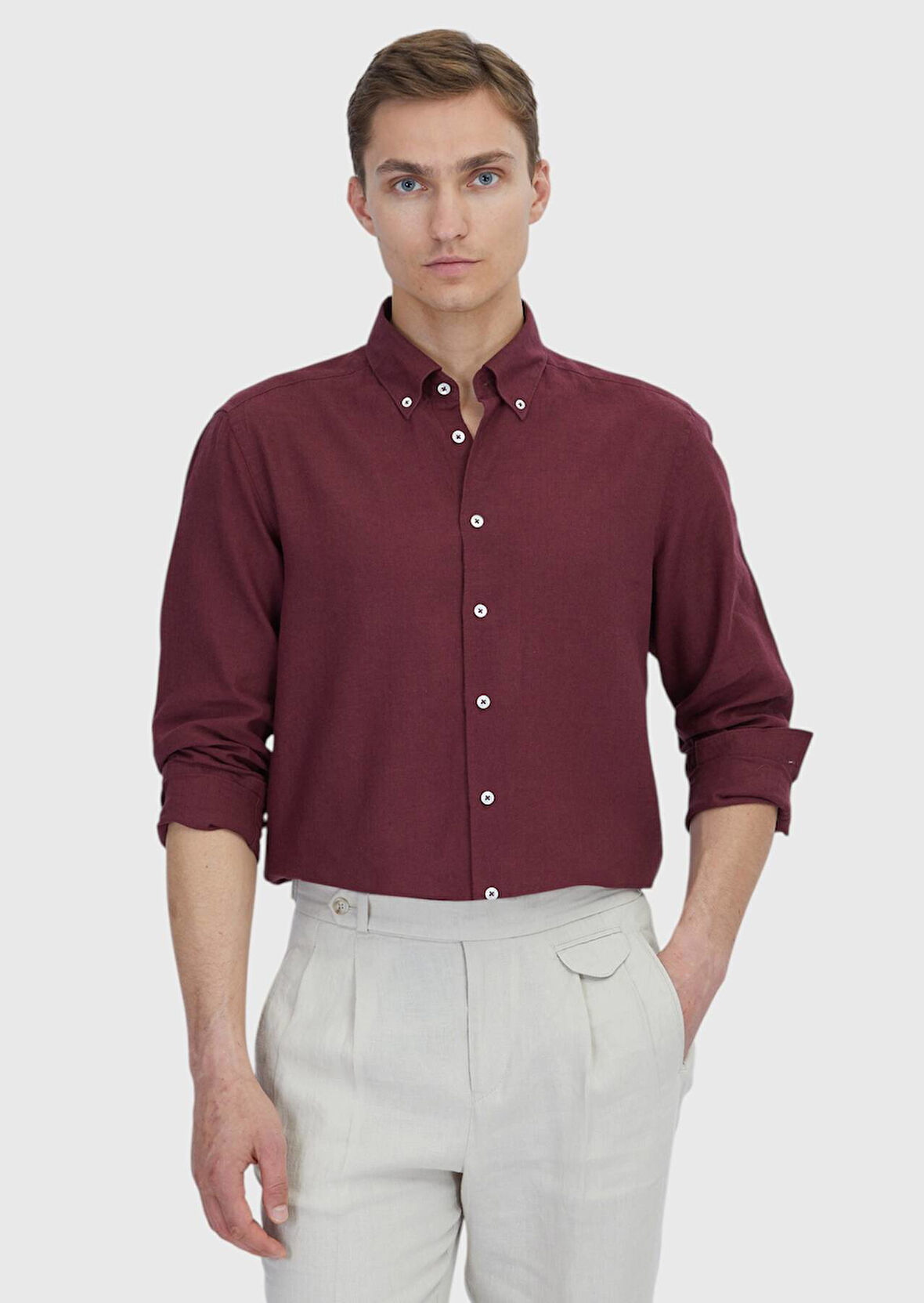 Nar Çiçeği Düz Casual Fit Dokuma Casual Pamuk Karışımlı Gömlek
