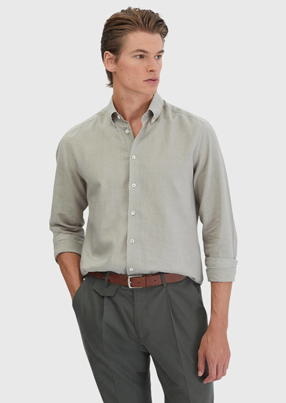 Gri Düz Casual Fit Dokuma Casual Pamuk Karışımlı Gömlek