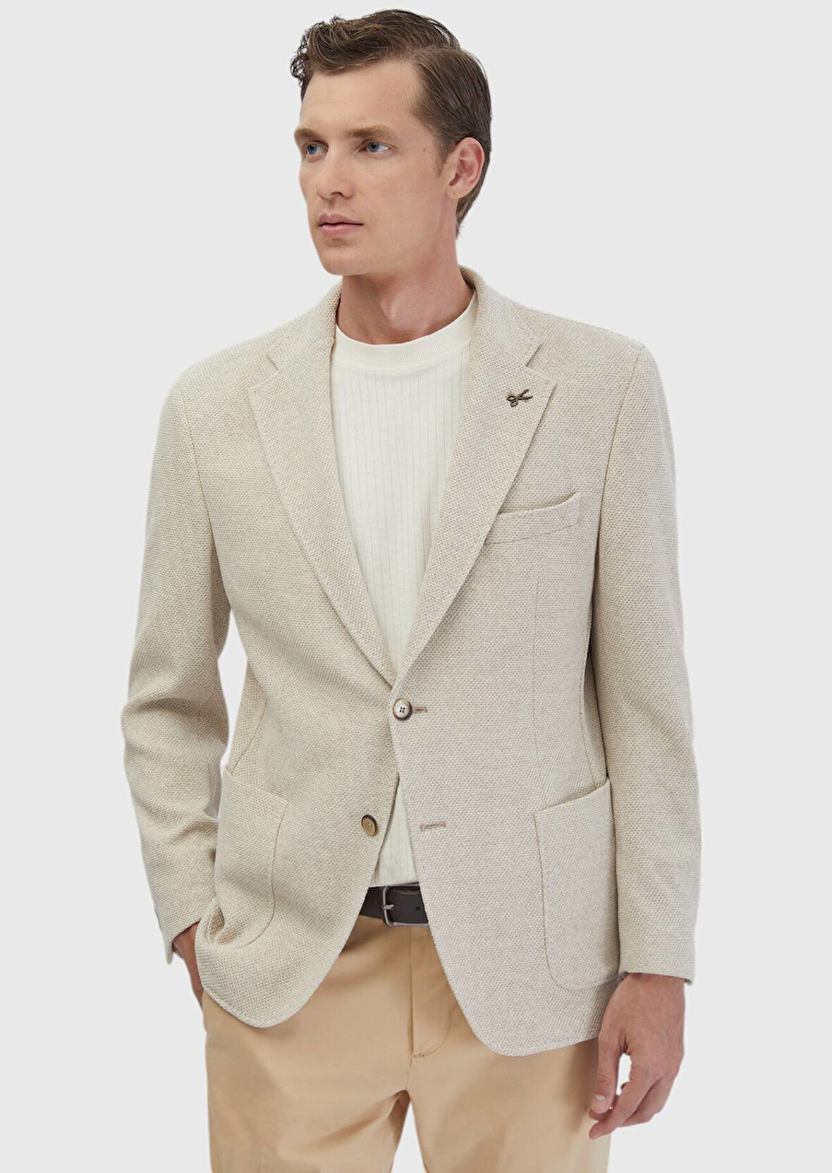 Bej Düz Shirt Shoulder Slim Fit Pamuk Karışımlı Örme Ceket