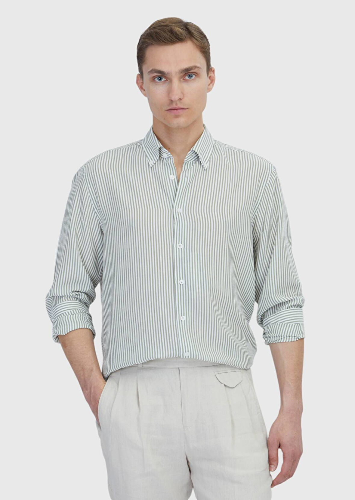 Açık Yeşil Çizgili Casual Fit Dokuma Casual Gömlek