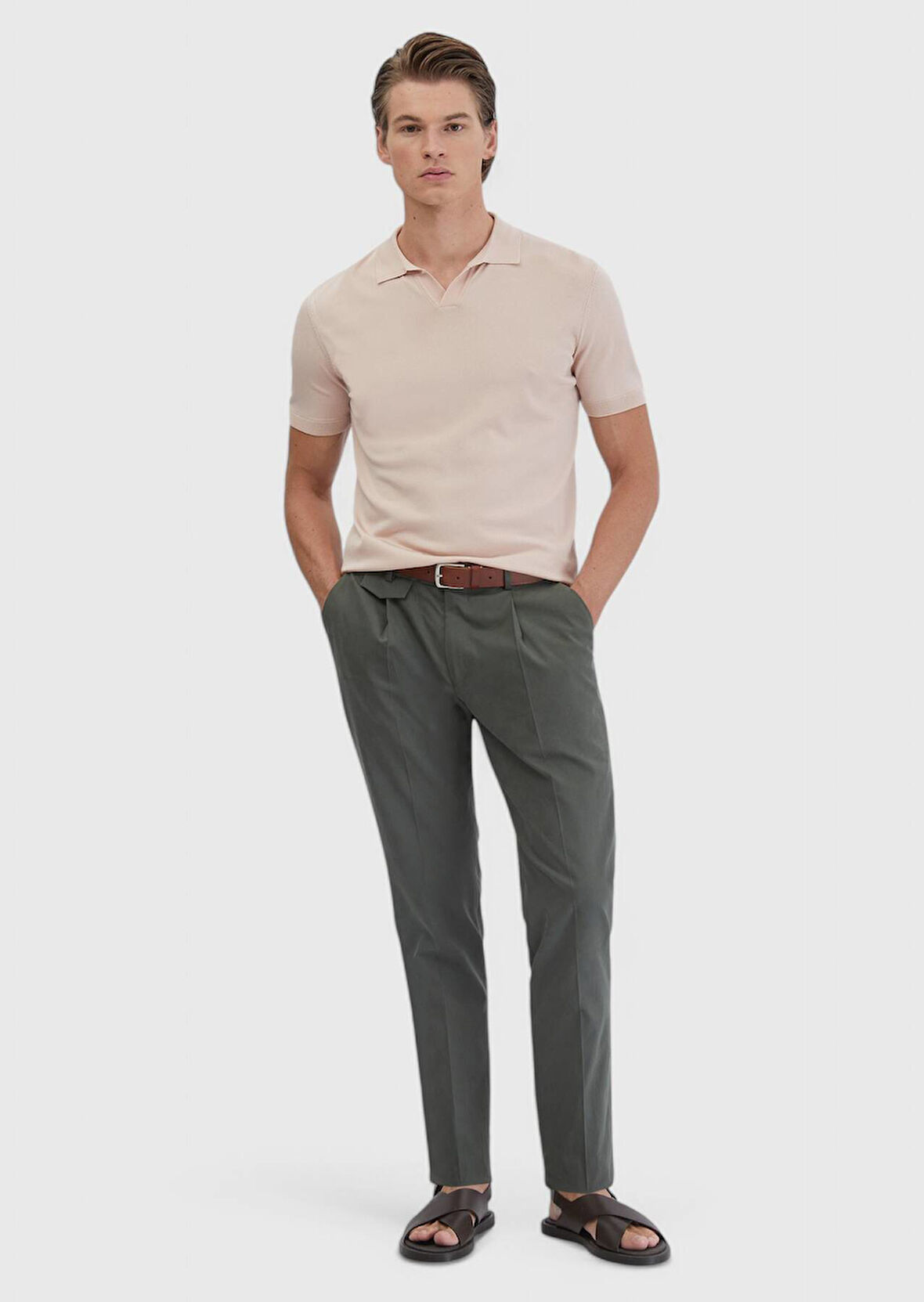 Haki Düz Kumaş Regular Fit Casual Pantolon