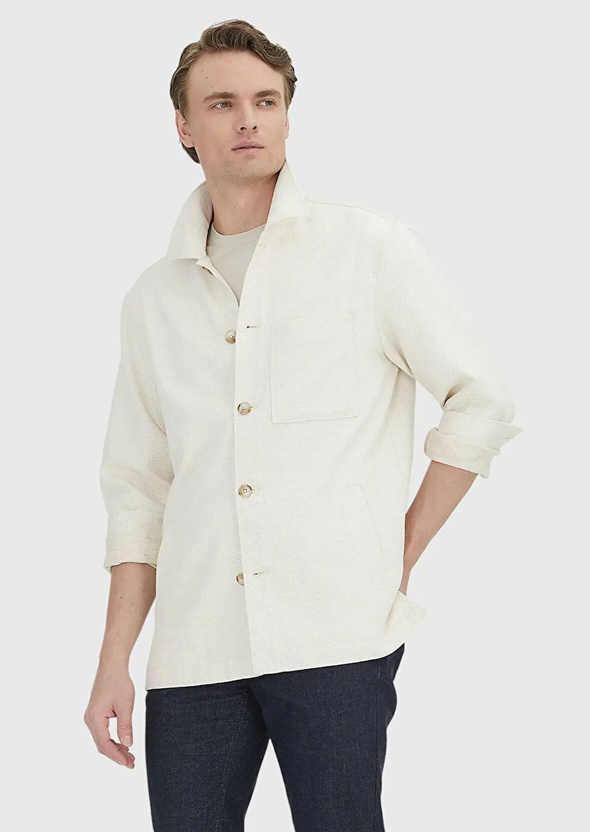 Bej Düz Casual Fit Dokuma Pamuk Karışımlı Overshırt
