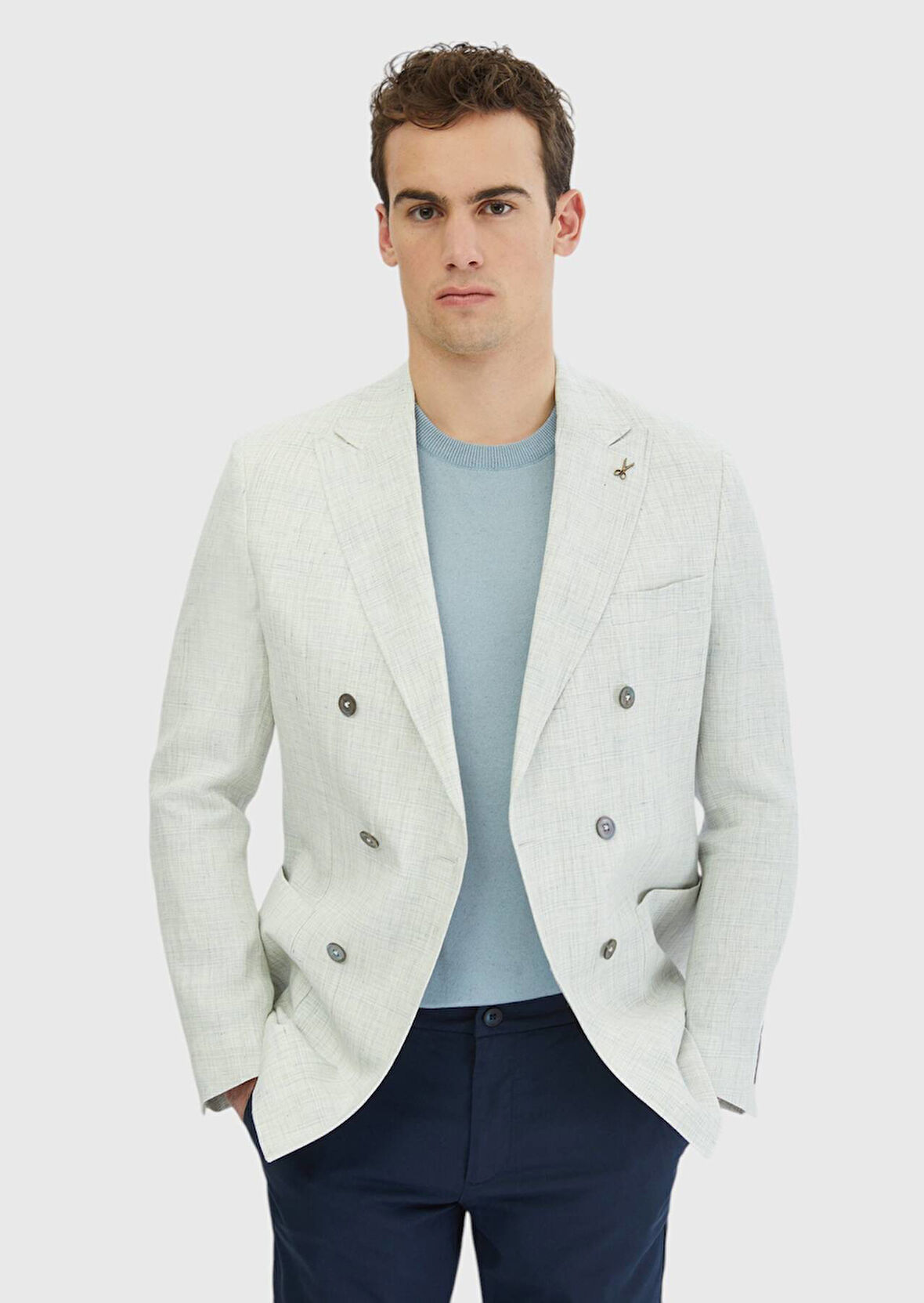 Açık Gri Desenli Zeroweight Slim Fit %100 Keten Ceket