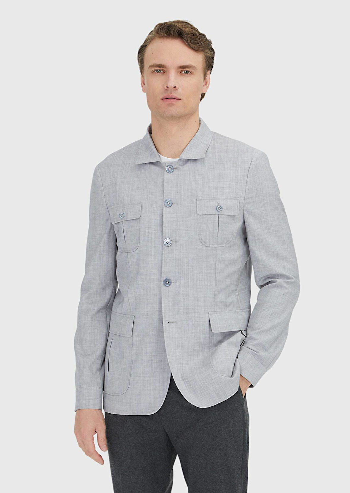 Açık Gri Düz Shirt Shoulder Slim Fit %100 Yün Ceket