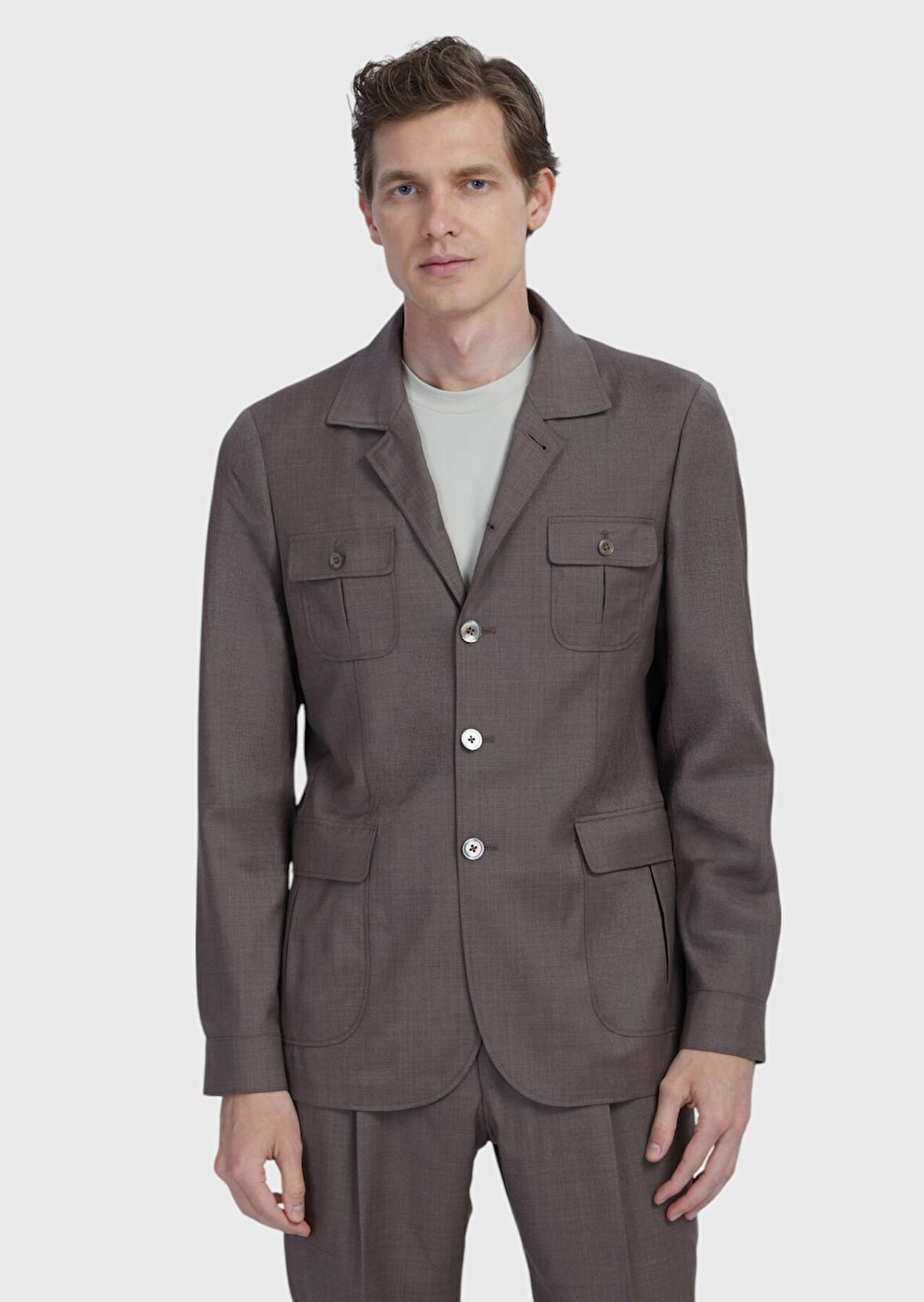 Açık Kahve Düz Shirt Shoulder Slim Fit %100 Yün Ceket