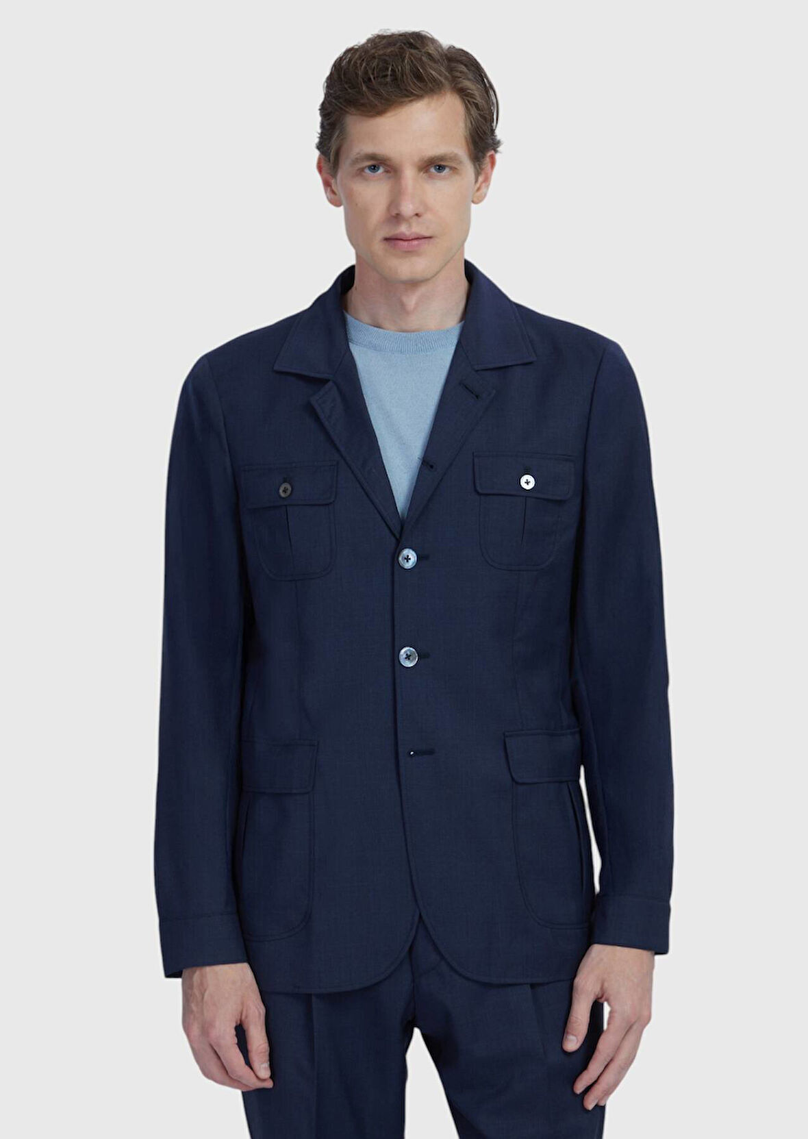 Lacivert Düz Shirt Shoulder Slim Fit %100 Yün Ceket