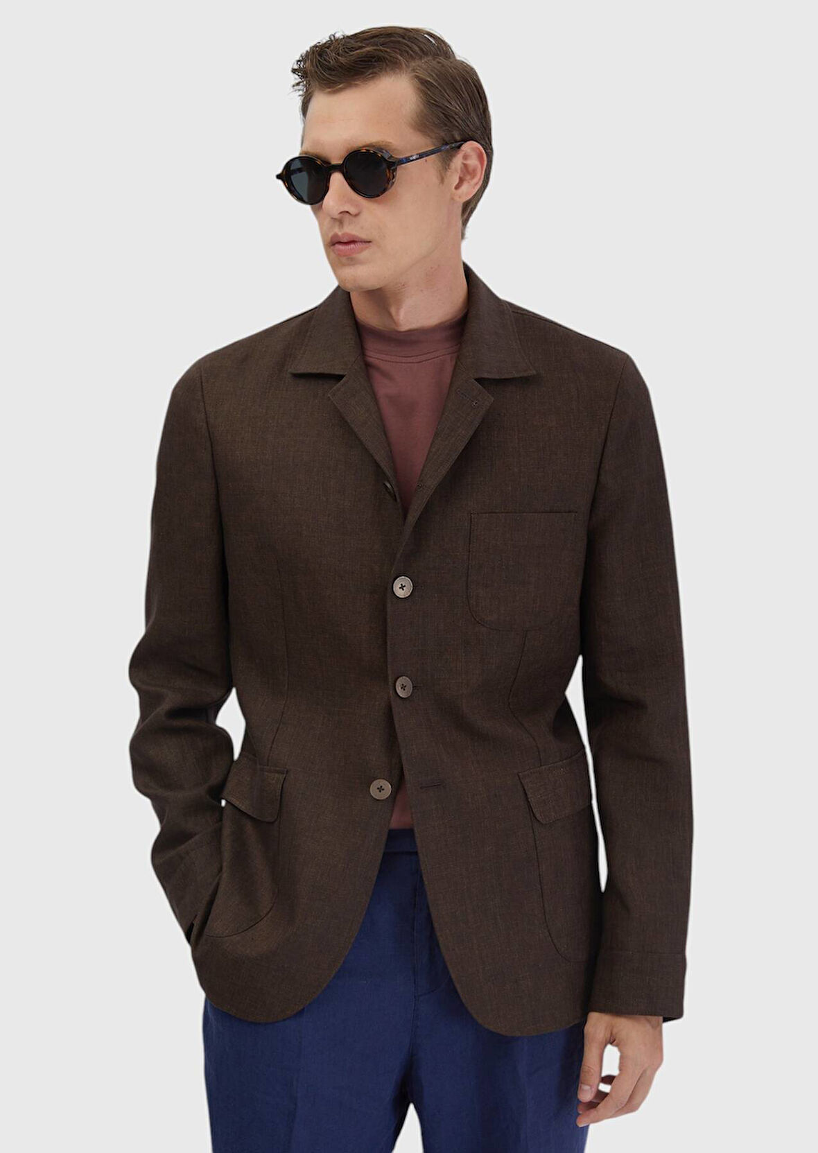 Kahverengi Düz Shirt Shoulder Slim Fit %100 Keten Ceket