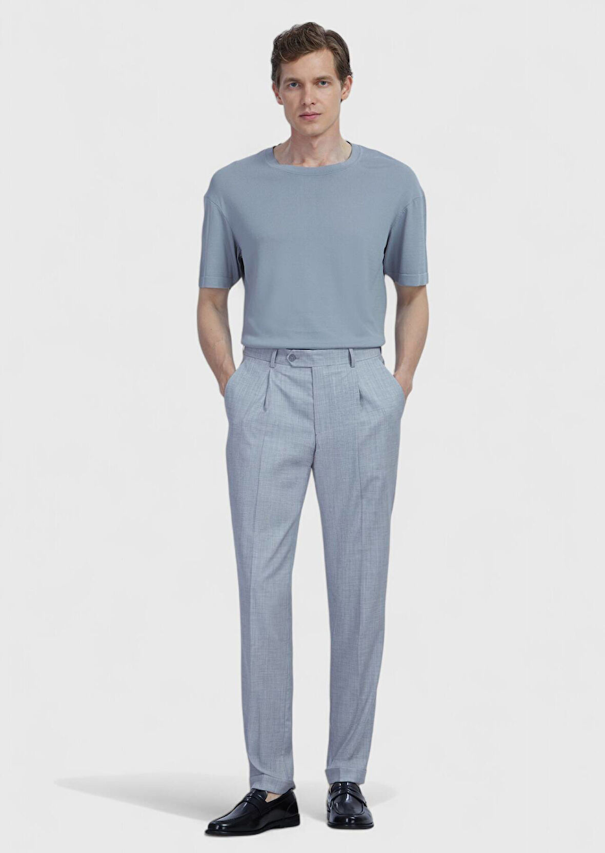 Açık Gri Düz Kumaş Slim Fit Casual %100 Yün Pantolon