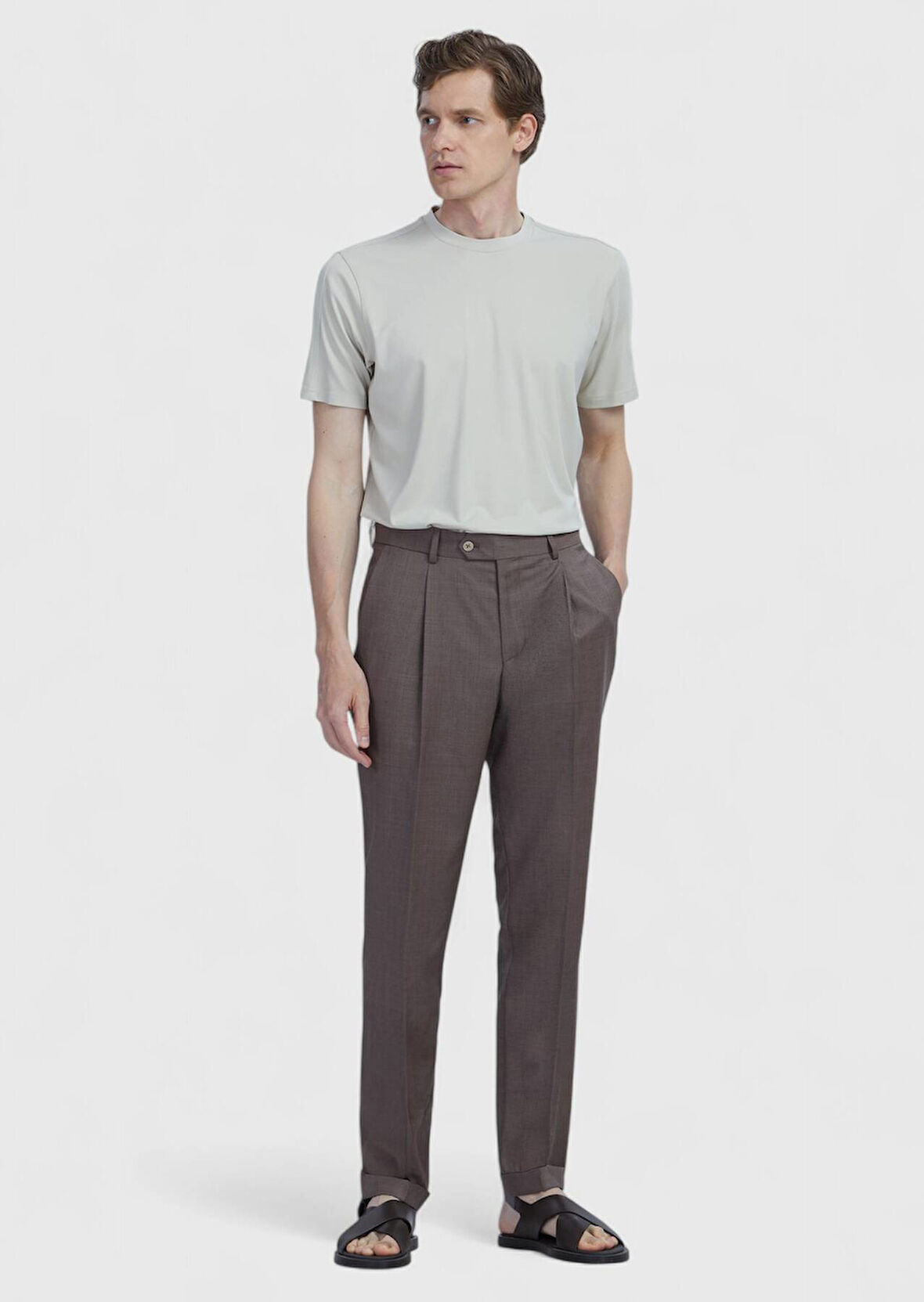 Açık Kahve Düz Kumaş Slim Fit Casual %100 Yün Pantolon