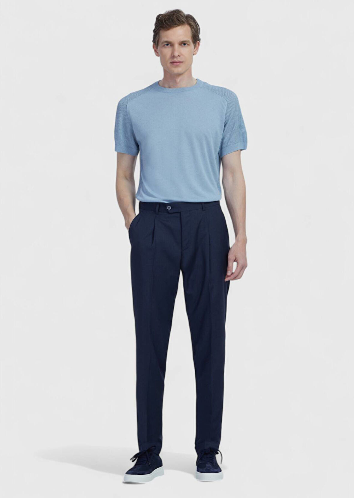 Lacivert Düz Kumaş Slim Fit Casual %100 Yün Pantolon