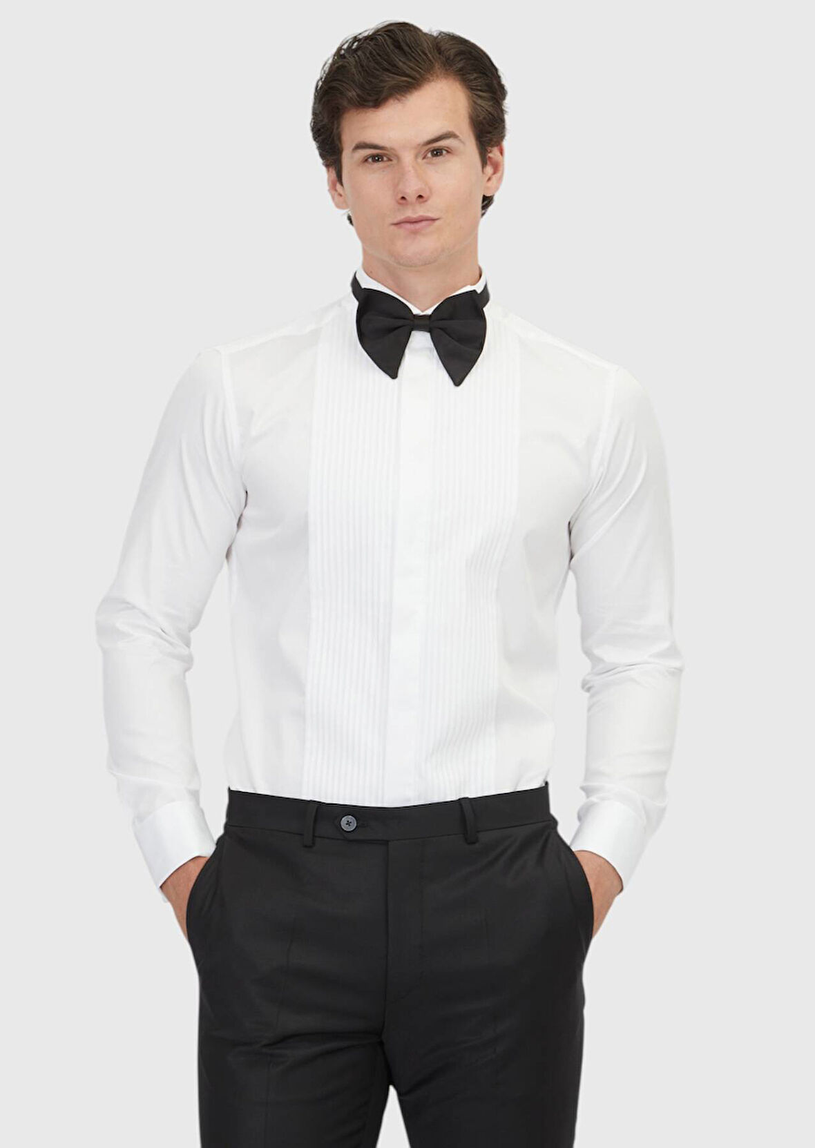 Beyaz Düz Slim Fit Duble Manşet Ata Yaka Smokin Gömlek