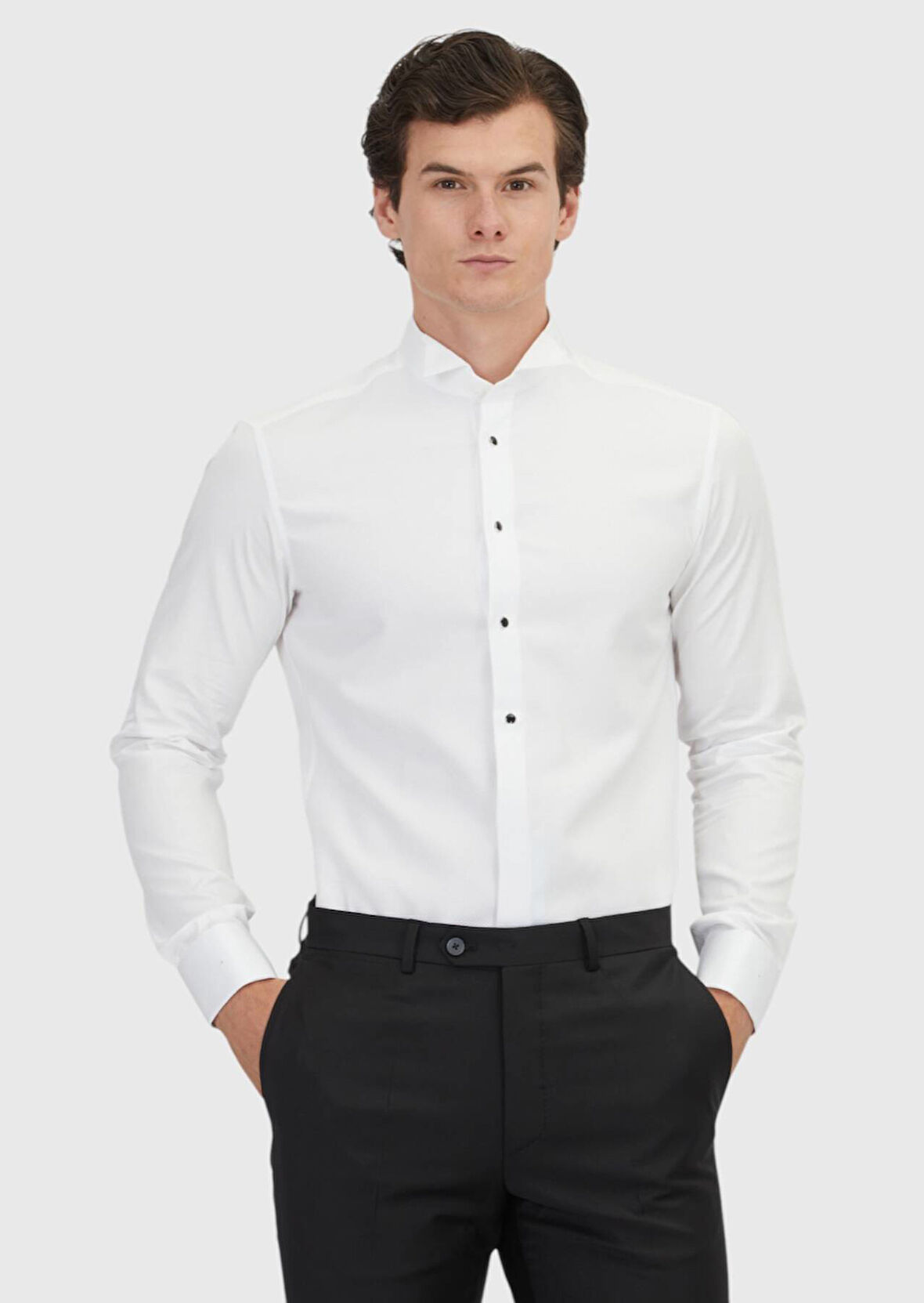 Beyaz Düz Slim Fit Duble Manşet Ata Yaka Smokin Gömlek