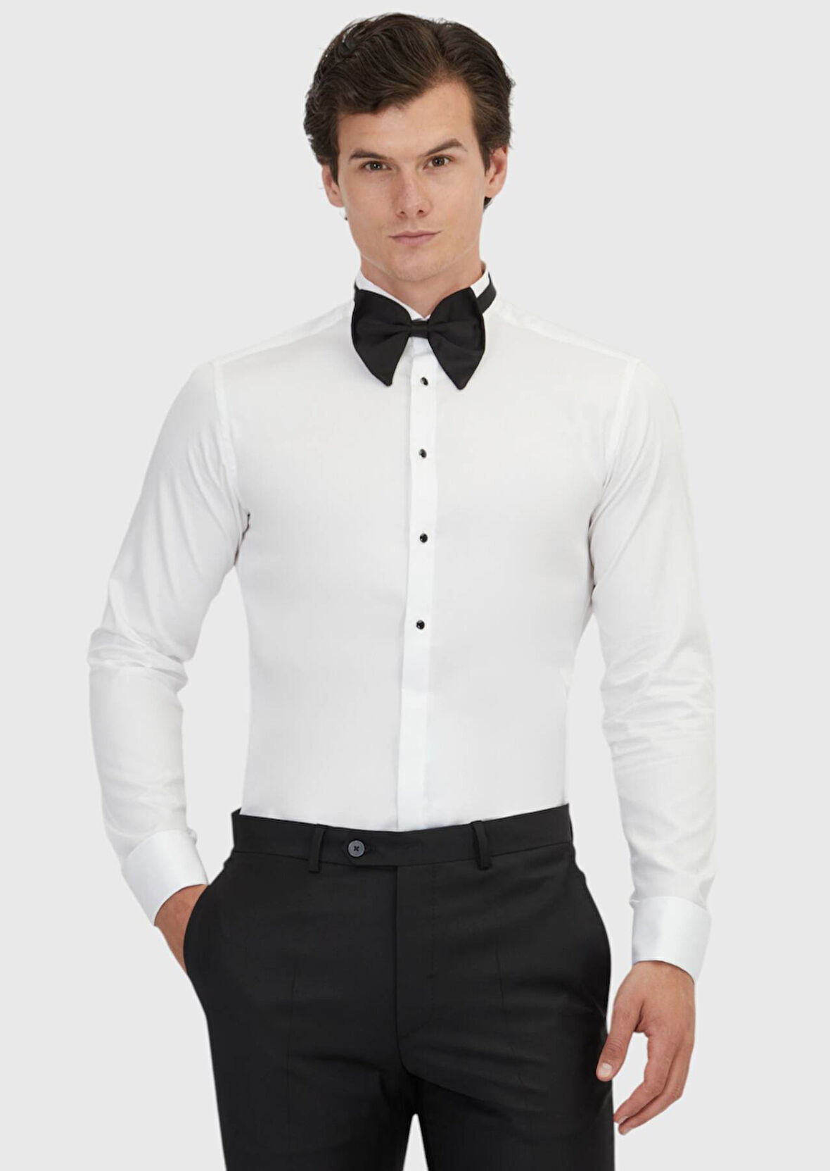 Beyaz Düz Slim Fit Duble Manşet Ata Yaka Smokin Gömlek