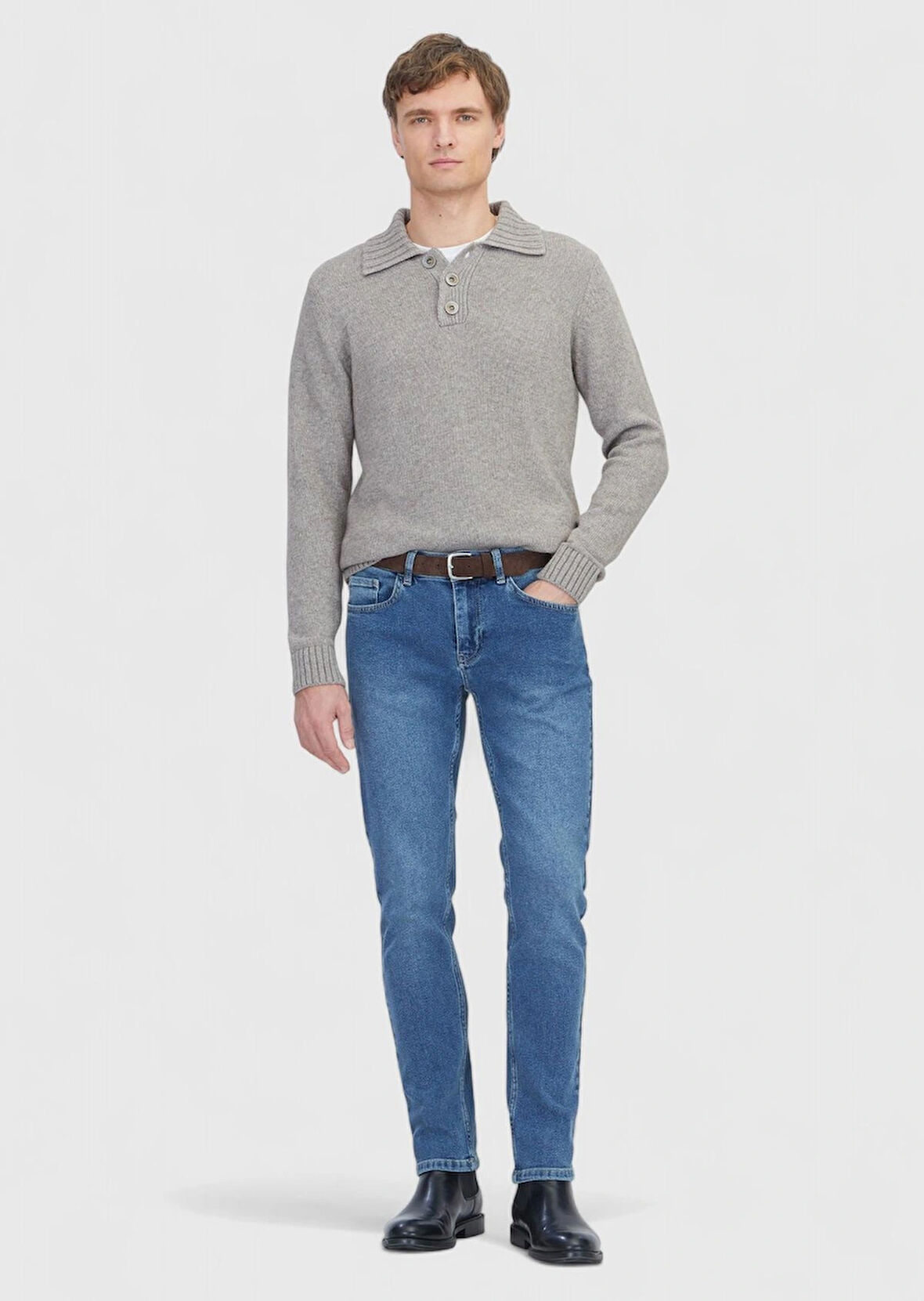 Mavi Düz Slim Fit Denim Pamuk Karışımlı Pantolon