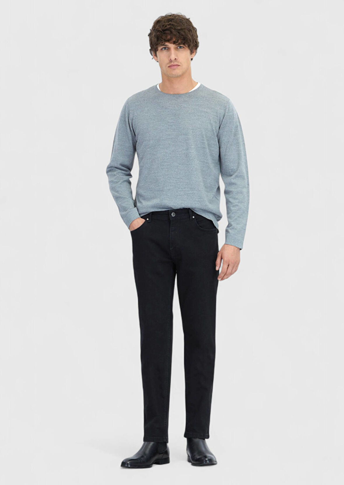 Siyah Düz Slim Fit Denim Pamuk Karışımlı Pantolon