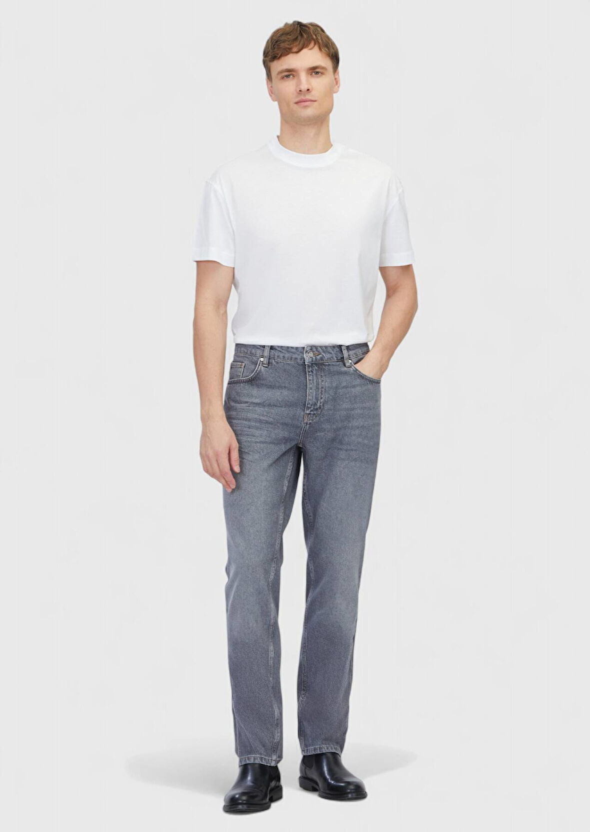 Gri Düz Regular Fit Denim %100 Pamuk Pantolon