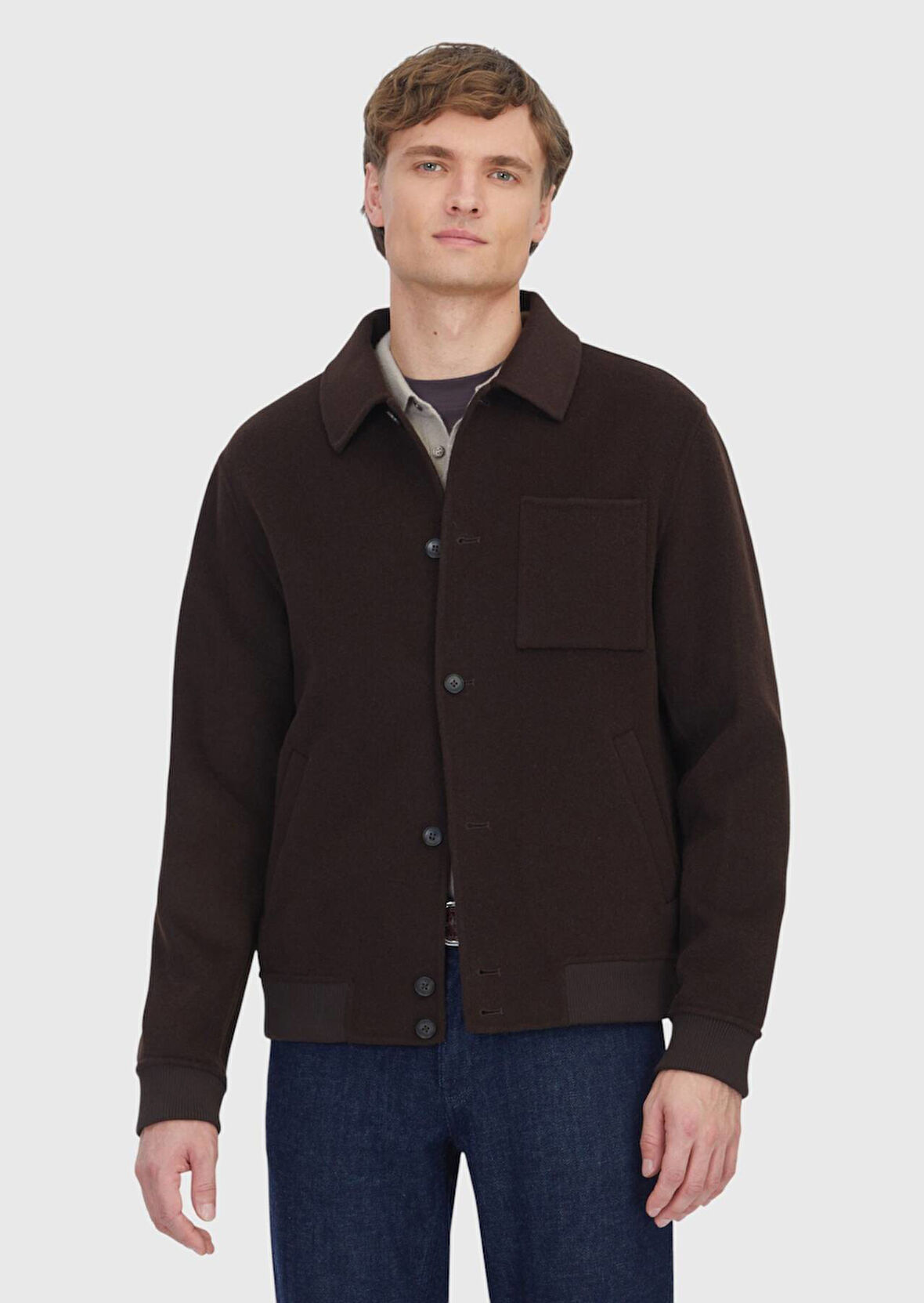 Kahverengi Regular Fit Dik Yaka Casual Örme Mont