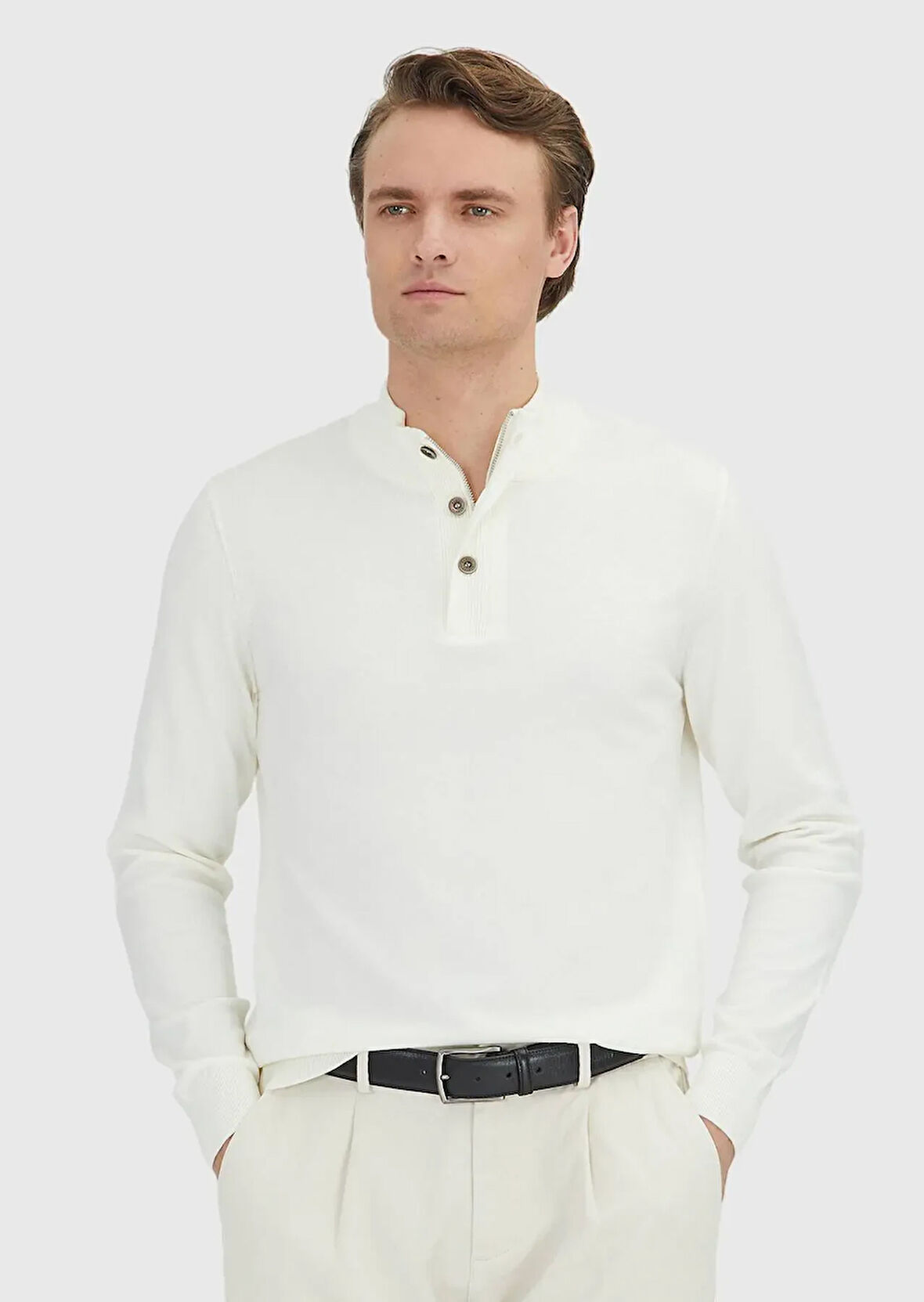 Ekru Polo Yaka Düz Örgü Triko Kazak