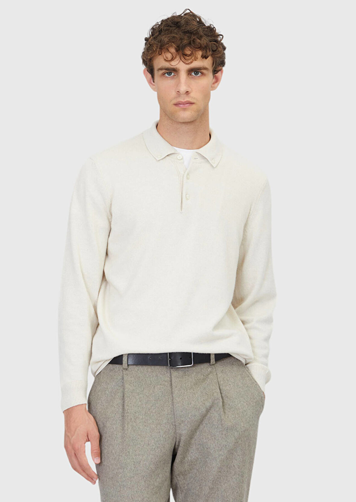 Ekru Polo Yaka Düz Örgü Yün Karışımlı Triko Kazak