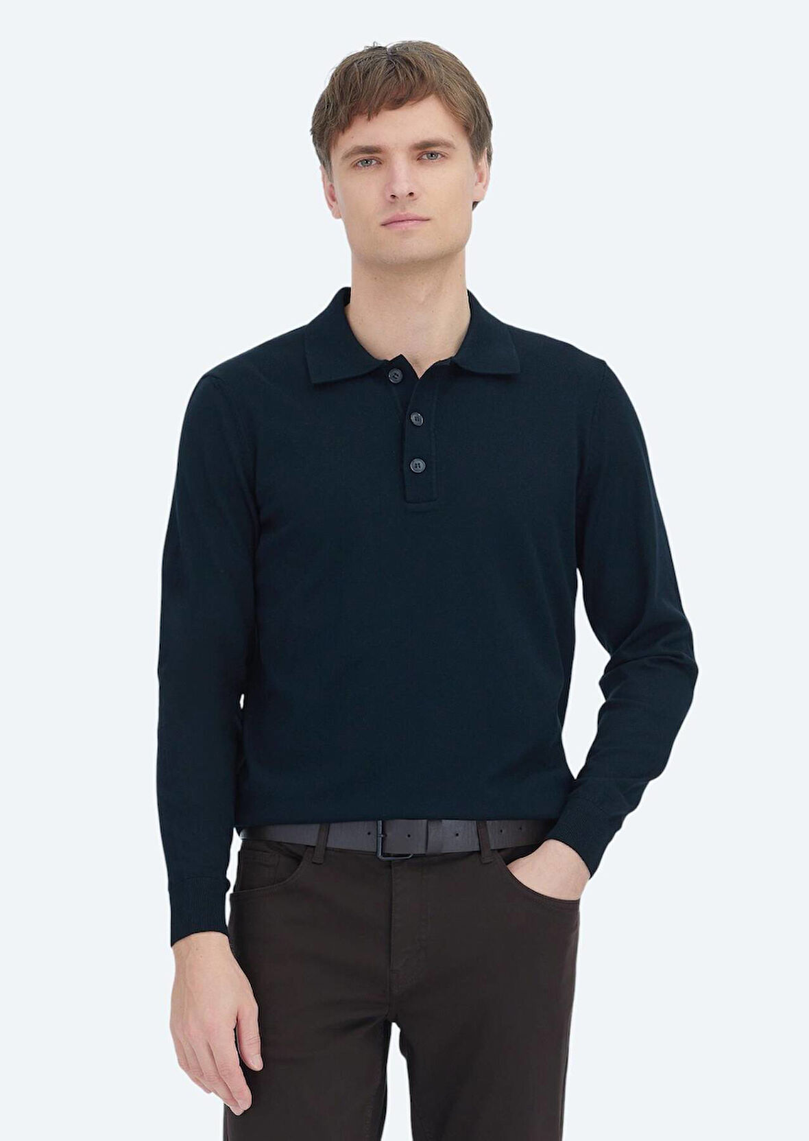 Siyah Polo Yaka Düz Örgü Triko Kazak