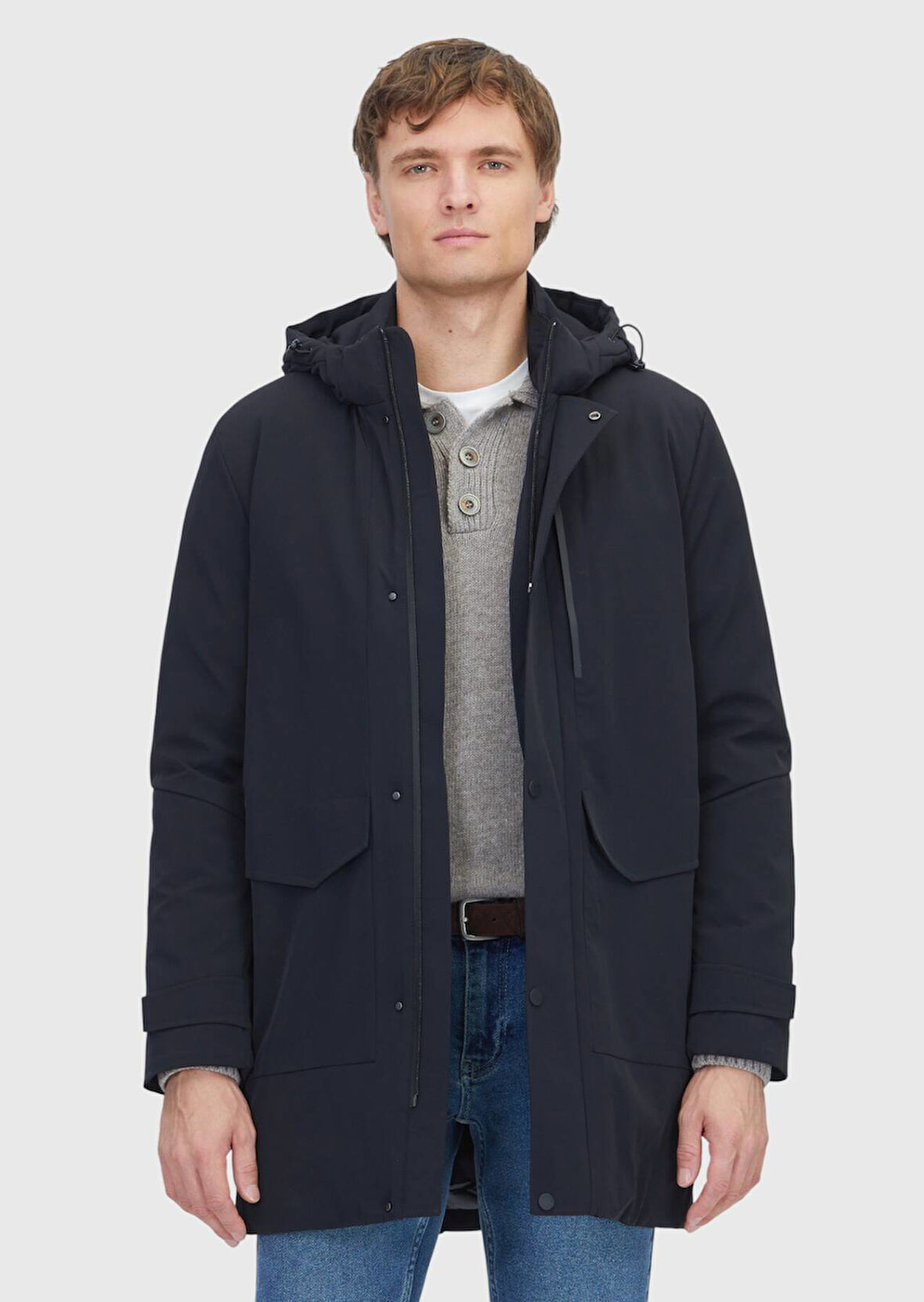Siyah Regular Fit Kapüşonlu Casual Dokuma Kaban