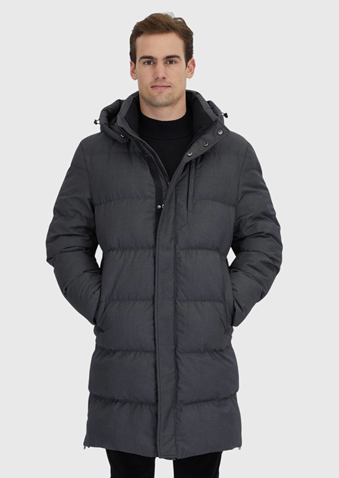 Gri Regular Fit Kapüşonlu Casual Dokuma Kaban