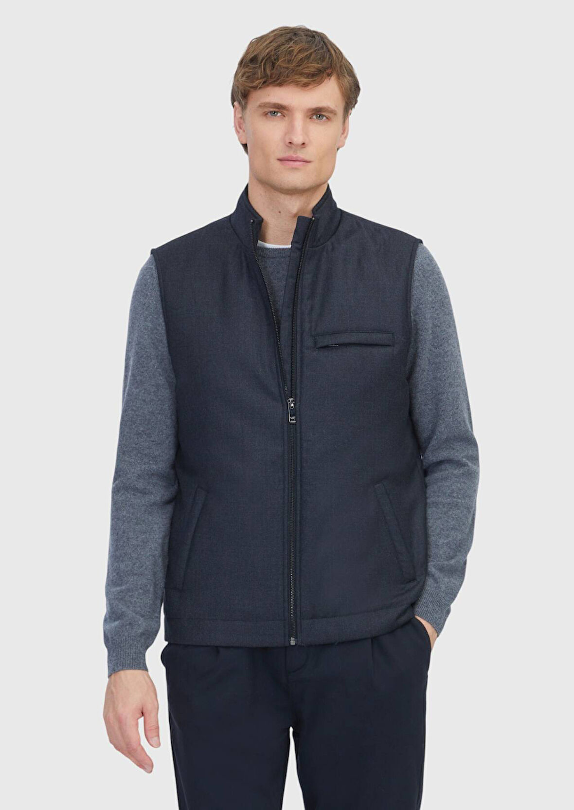 Antrasit Regular Fit Dik Yaka Casual Dokuma Spor Yelek