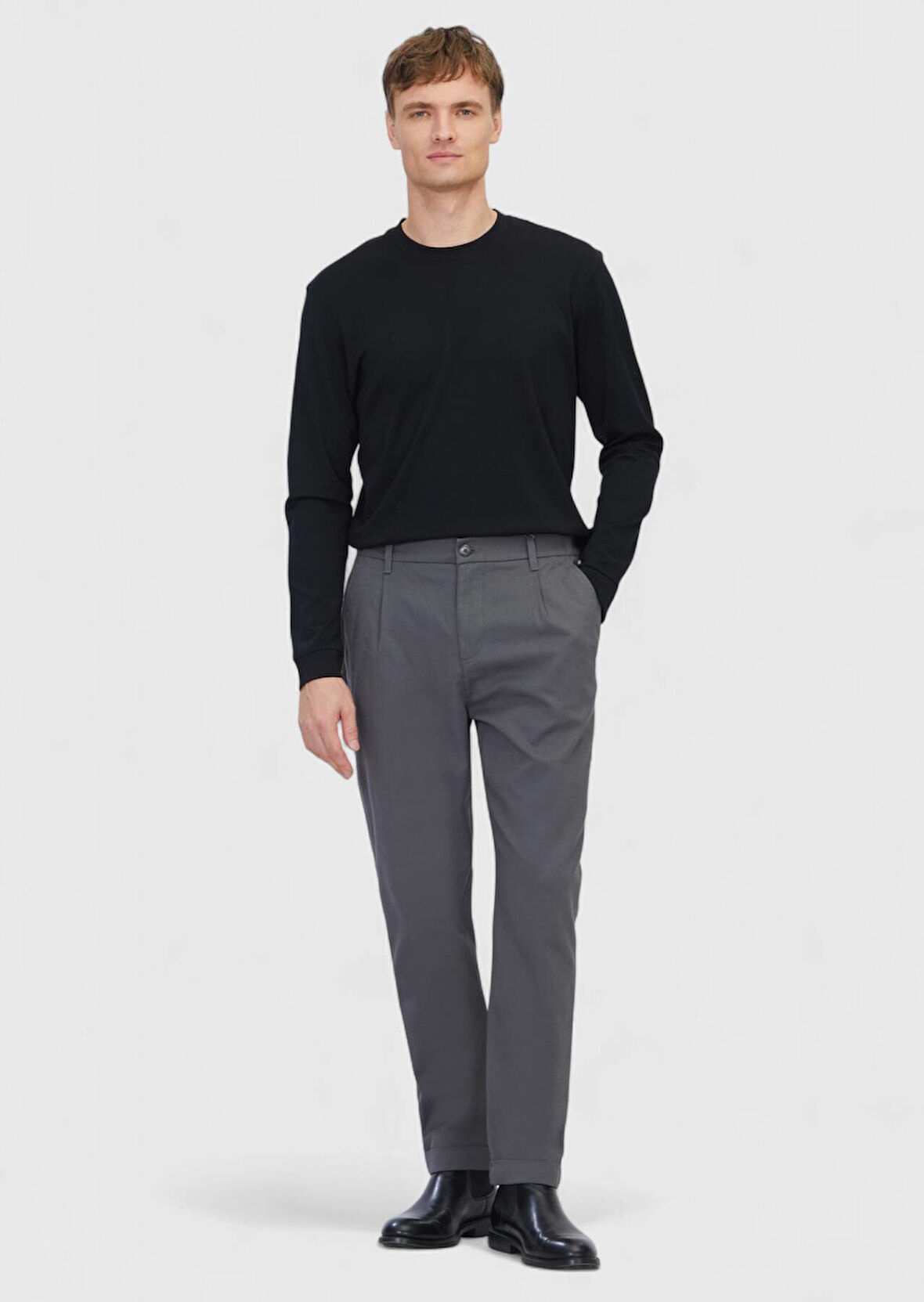 Gri Düz Dokuma Jogging Fit Casual Pamuk Karışımlı Pantolon