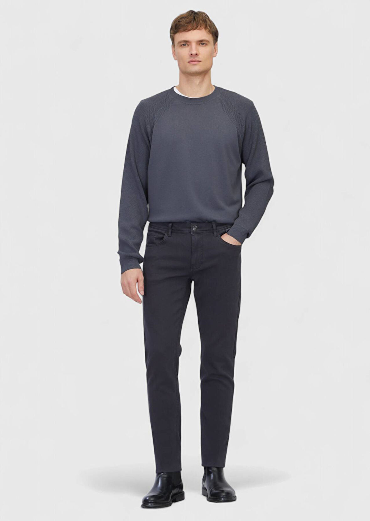 Antrasit Düz Örme Slim Fit Casual Pamuk Karışımlı Pantolon