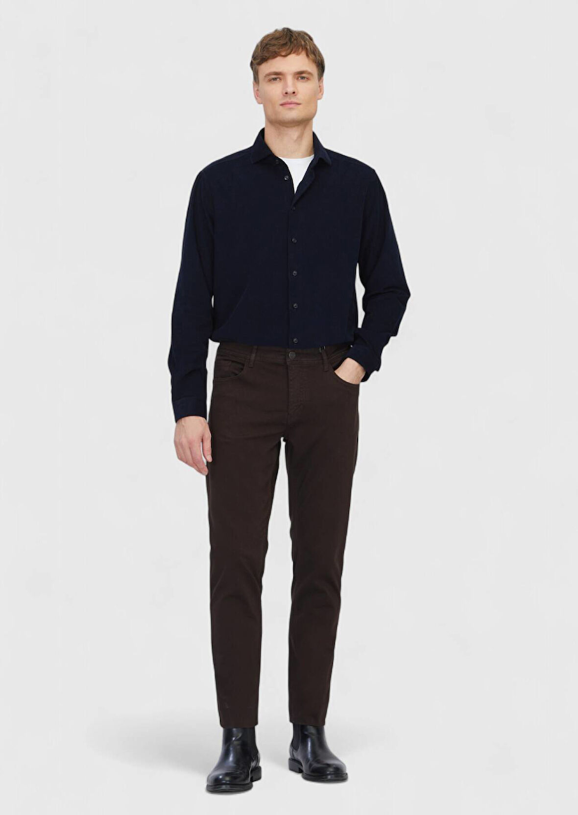 Kahverengi Düz Dokuma Slim Fit Casual Pamuk Karışımlı Pantolon