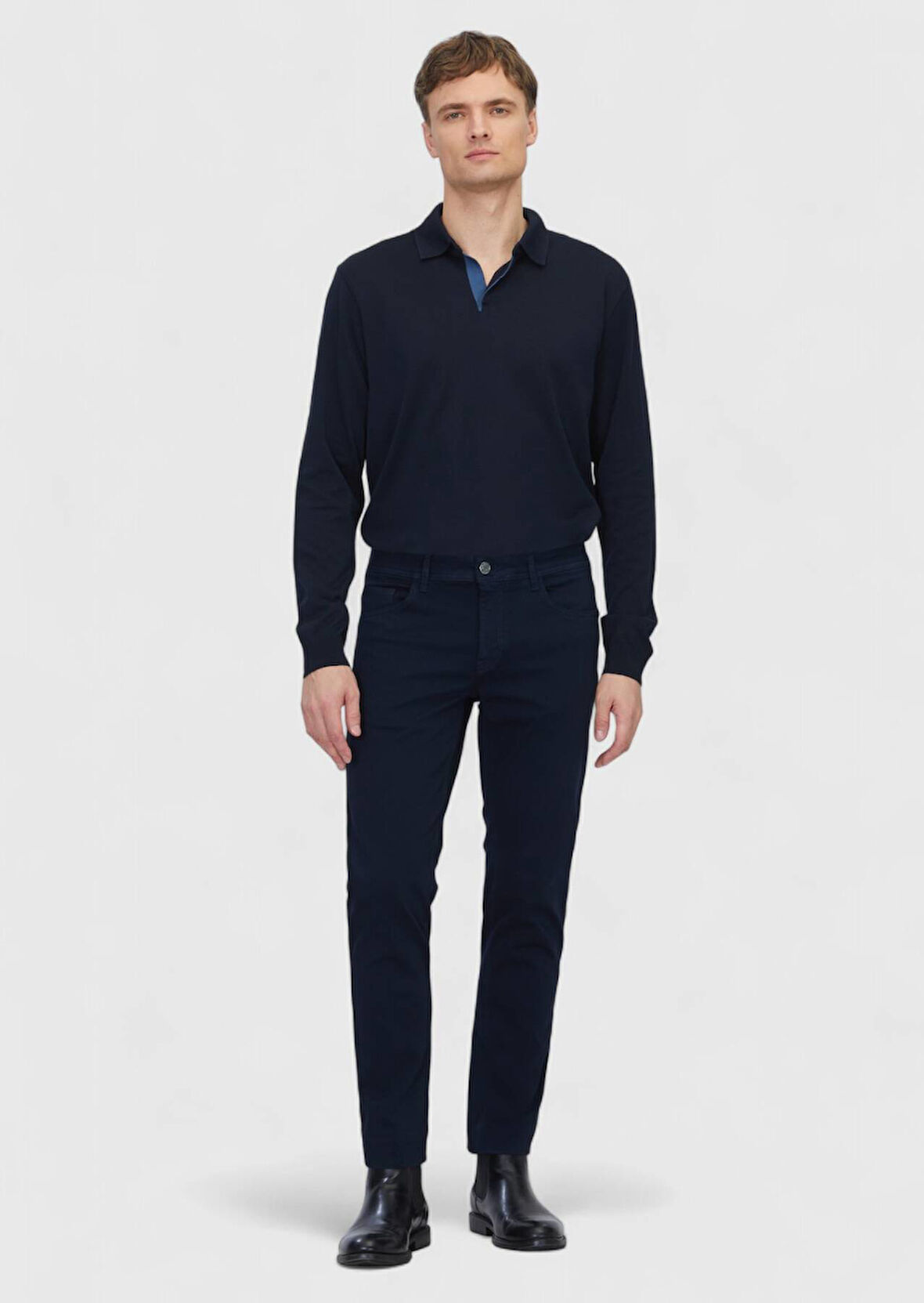 Lacivert Düz Dokuma Slim Fit Casual Pamuk Karışımlı Pantolon