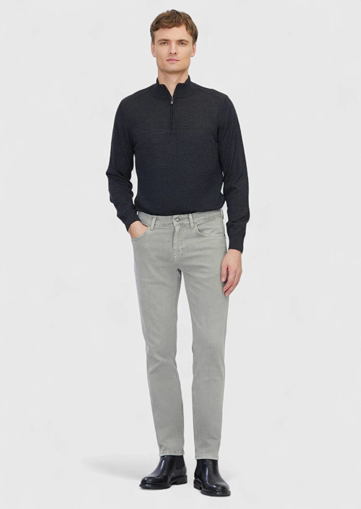 Açık Yeşil Düz Slim Fit Denim Pamuk Karışımlı Pantolon