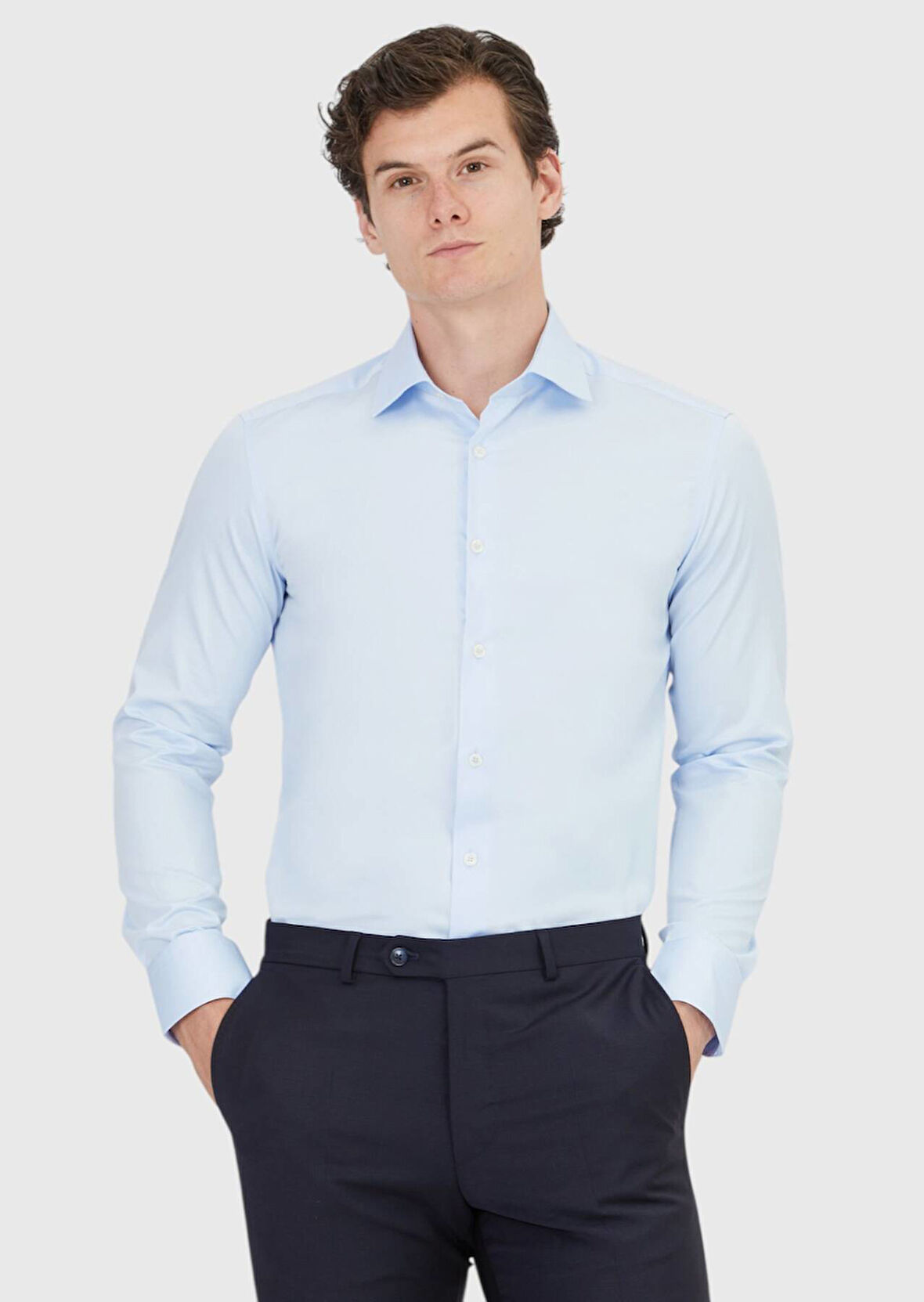 Koyu Mavi Düz Slim Fit Dokuma Klasik %100 Pamuk Gömlek