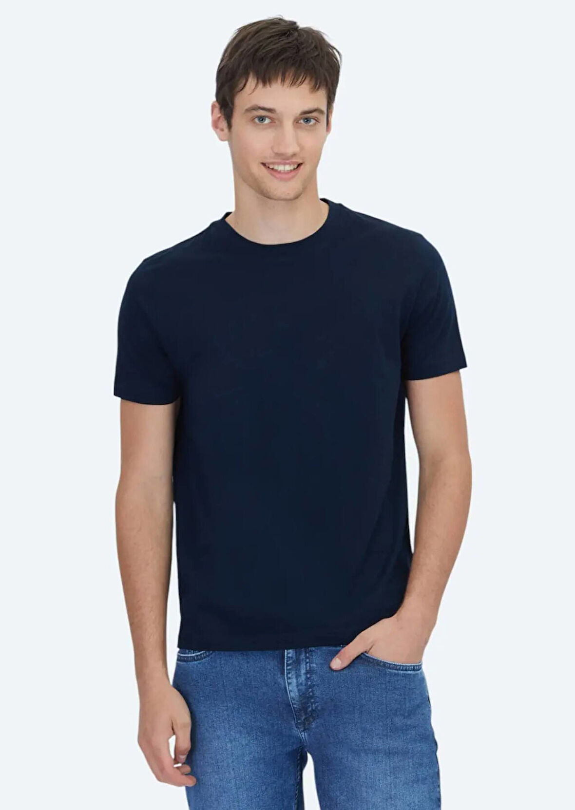 Lacivert Düz Bisiklet Yaka %100 Pamuk T-Shirt